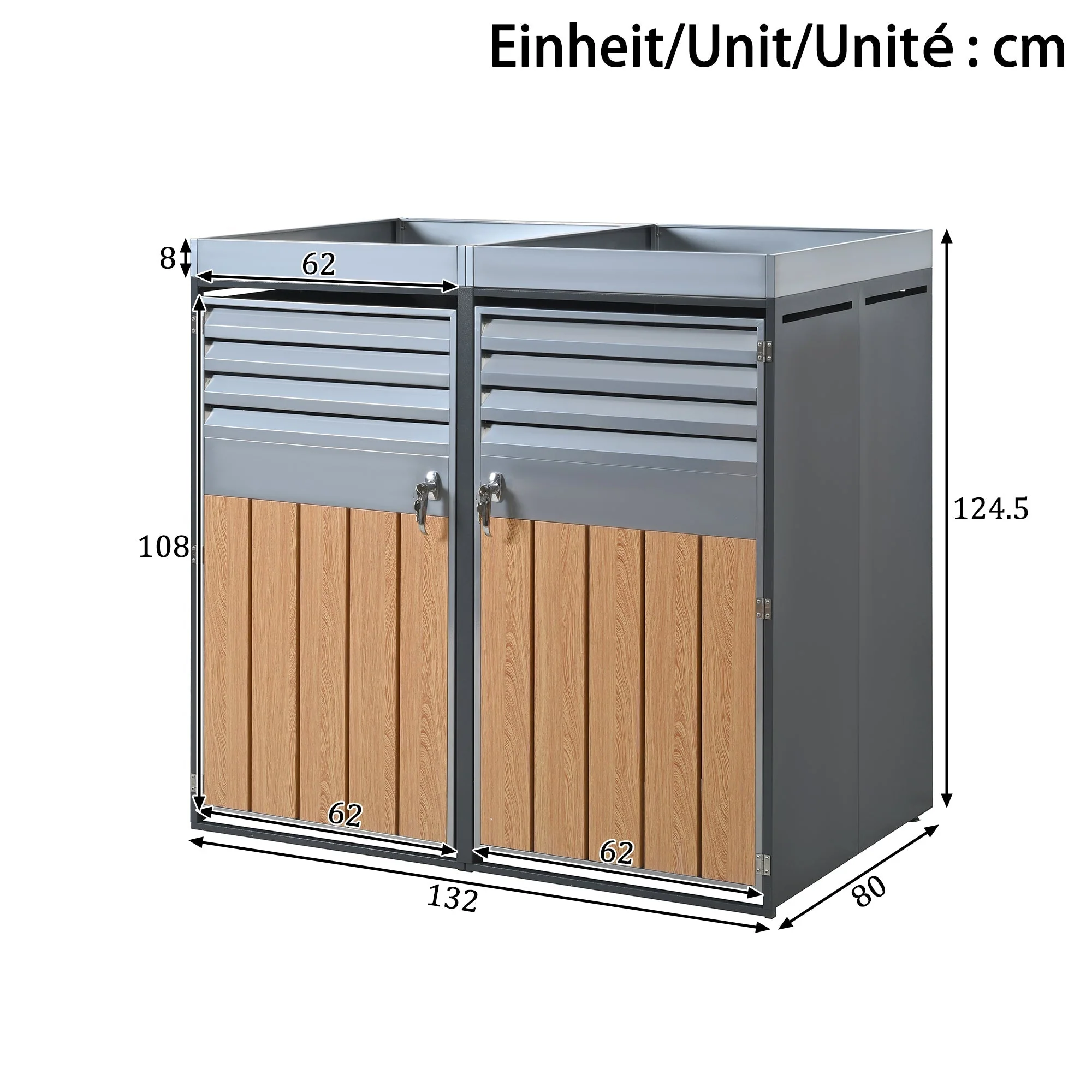 Garbage Can Enclosure with Ventilated Louvers, Lockable Four Doors and Planting Area, Galvanized Steel - Image 5