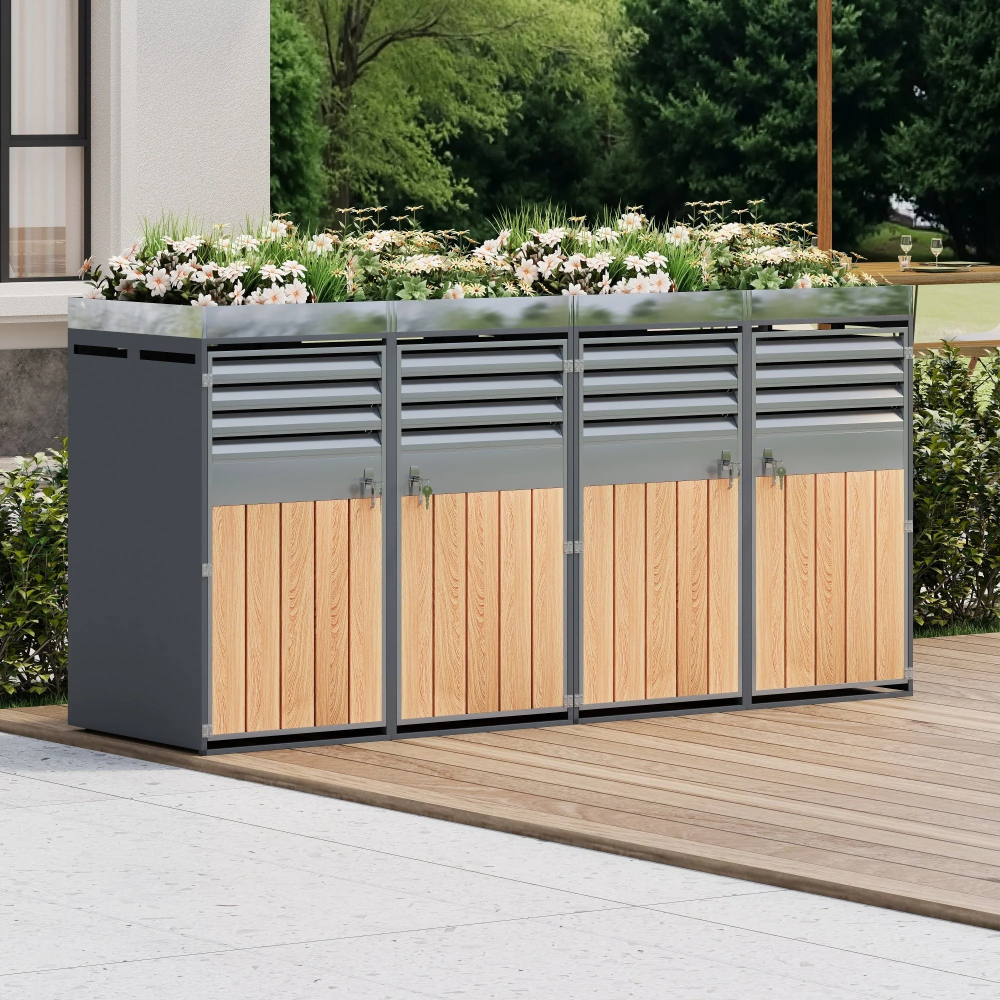 Garbage Can Enclosure with Ventilated Louvers, Lockable Four Doors and Planting Area, Galvanized Steel - Image 8