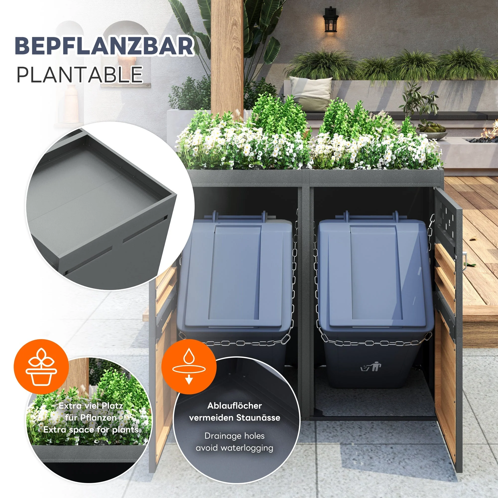 Garbage Can Storage Box, 4-Person with Planting Roof, 120-240L, Anthracite Wood-Look - Image 8