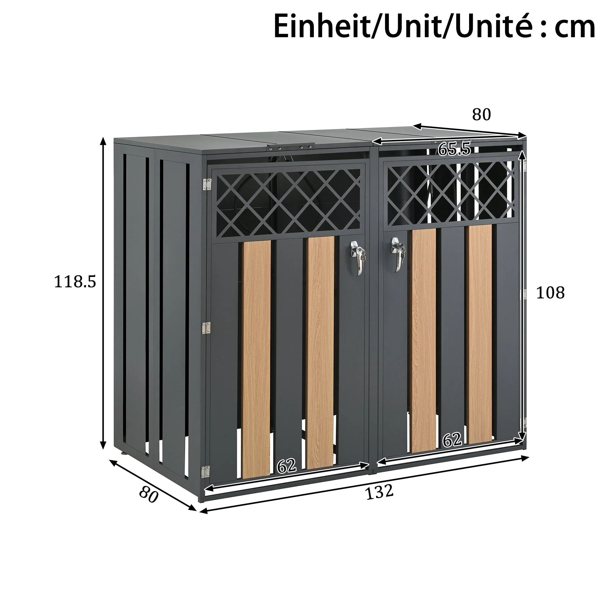 Garbage Can Storage Box with Hinged Lid and Lockable Double Doors, Diamond-Shaped Ventilation, Metal - Image 4