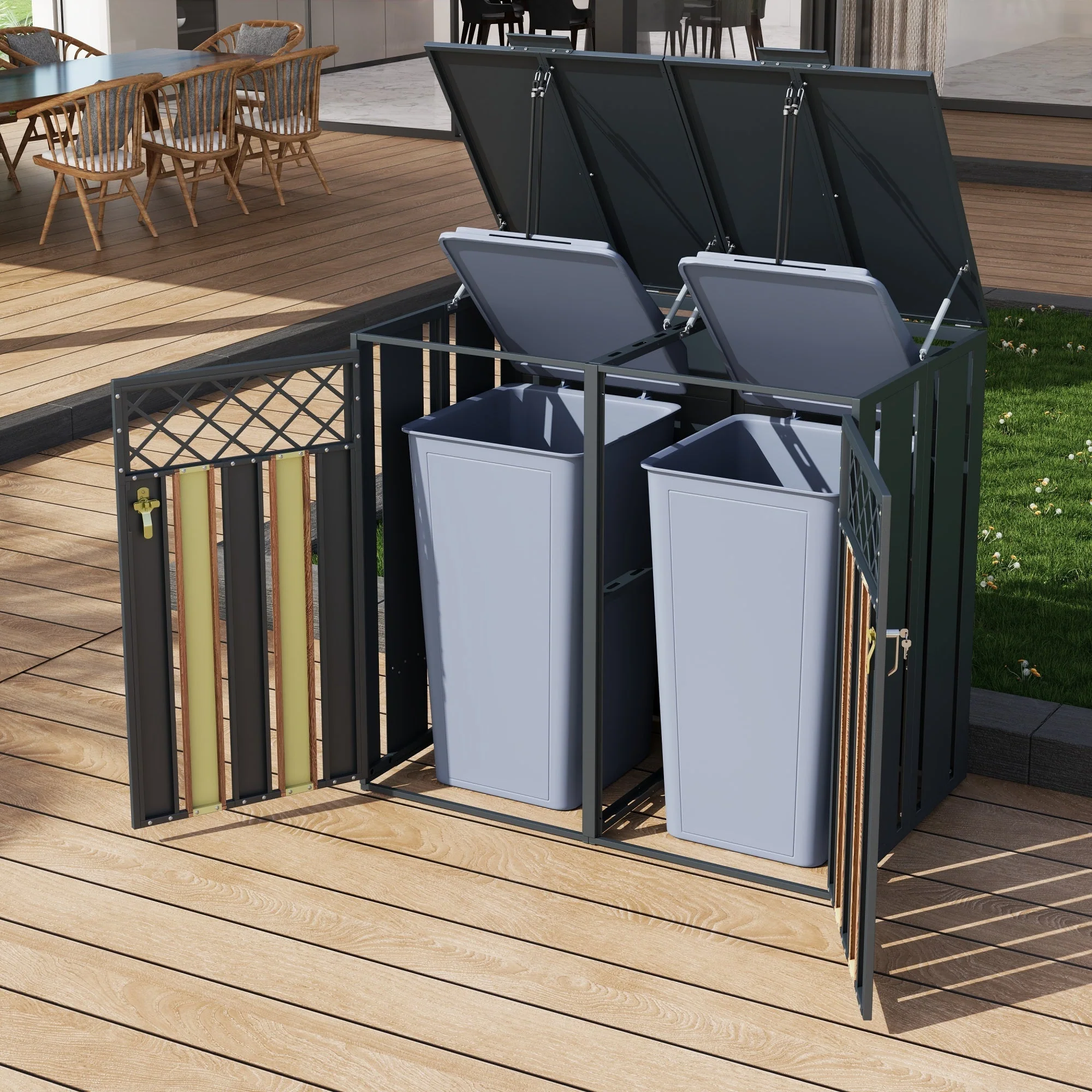Garbage Can Storage Box with Hinged Lid and Lockable Double Doors, Diamond-Shaped Ventilation, Metal - Image 8