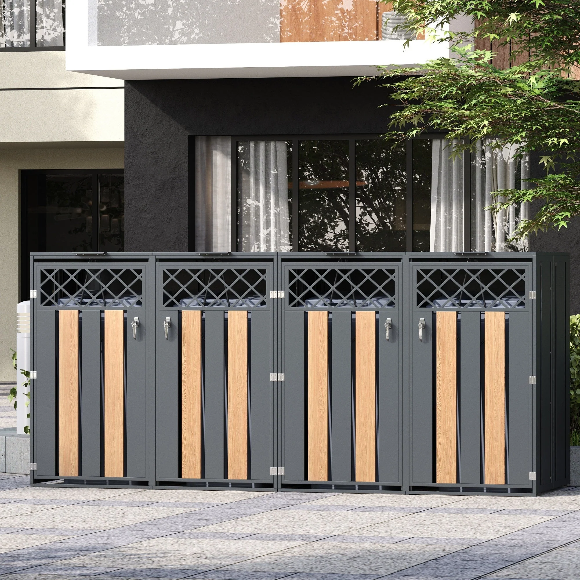 Garbage Can Storage Box with Hinged Lid and Lockable Double Doors, Metal - Image 4
