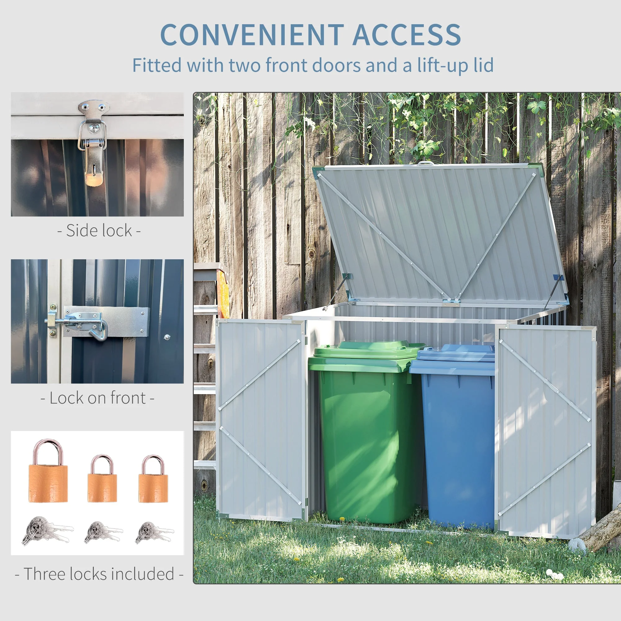 Garden 2-Bin Storage Shed, Double Rubbish Hide Dustbin, Steel - Image 5