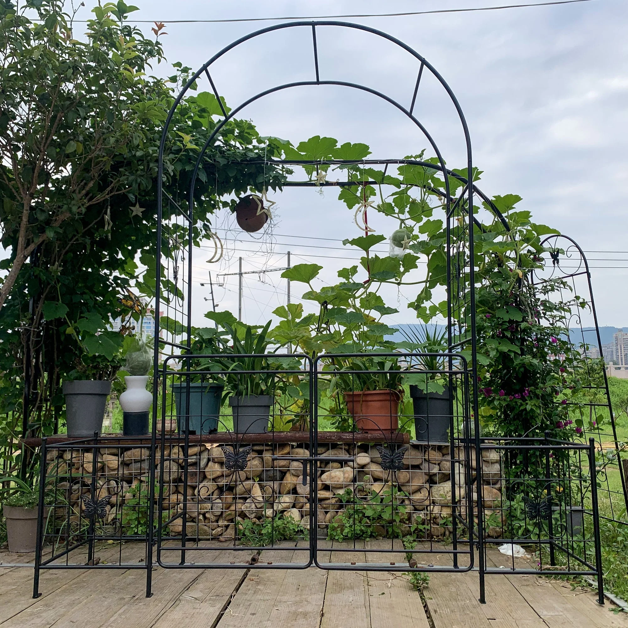 Garden Arch Arbor Trellis with Gate, Durable Metal, 7.15 Feet, Black - Image 7