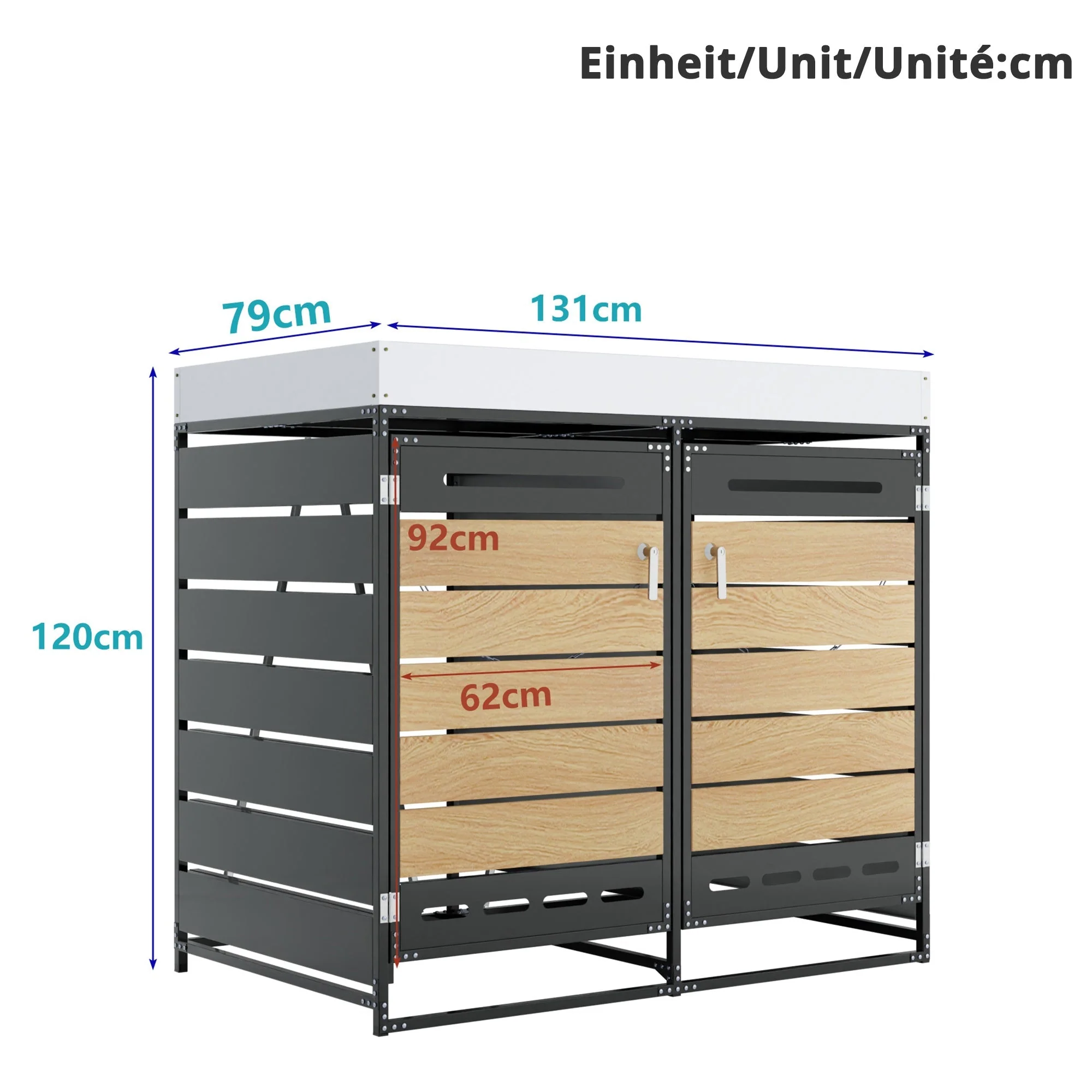 Garden Bin Storage with Planter Box, Slotted Ventilation and Lockable Door, Iron with Wood-Look Slats - Image 4
