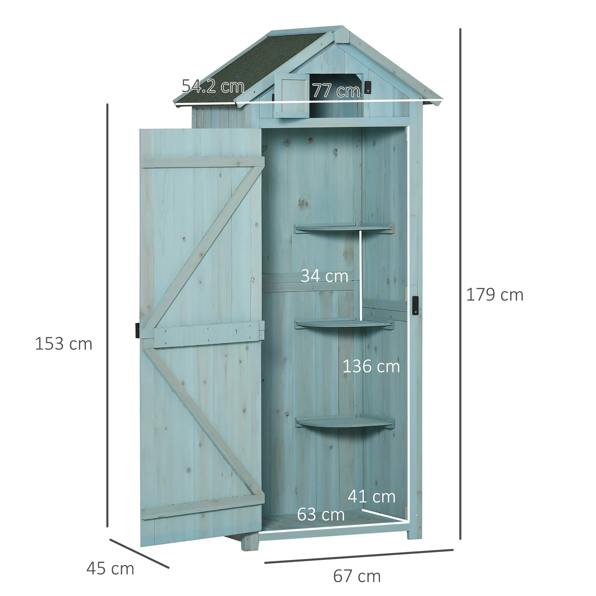 garden cabinet tool shed with shelves and windows, wood in light blue and green - Image 3