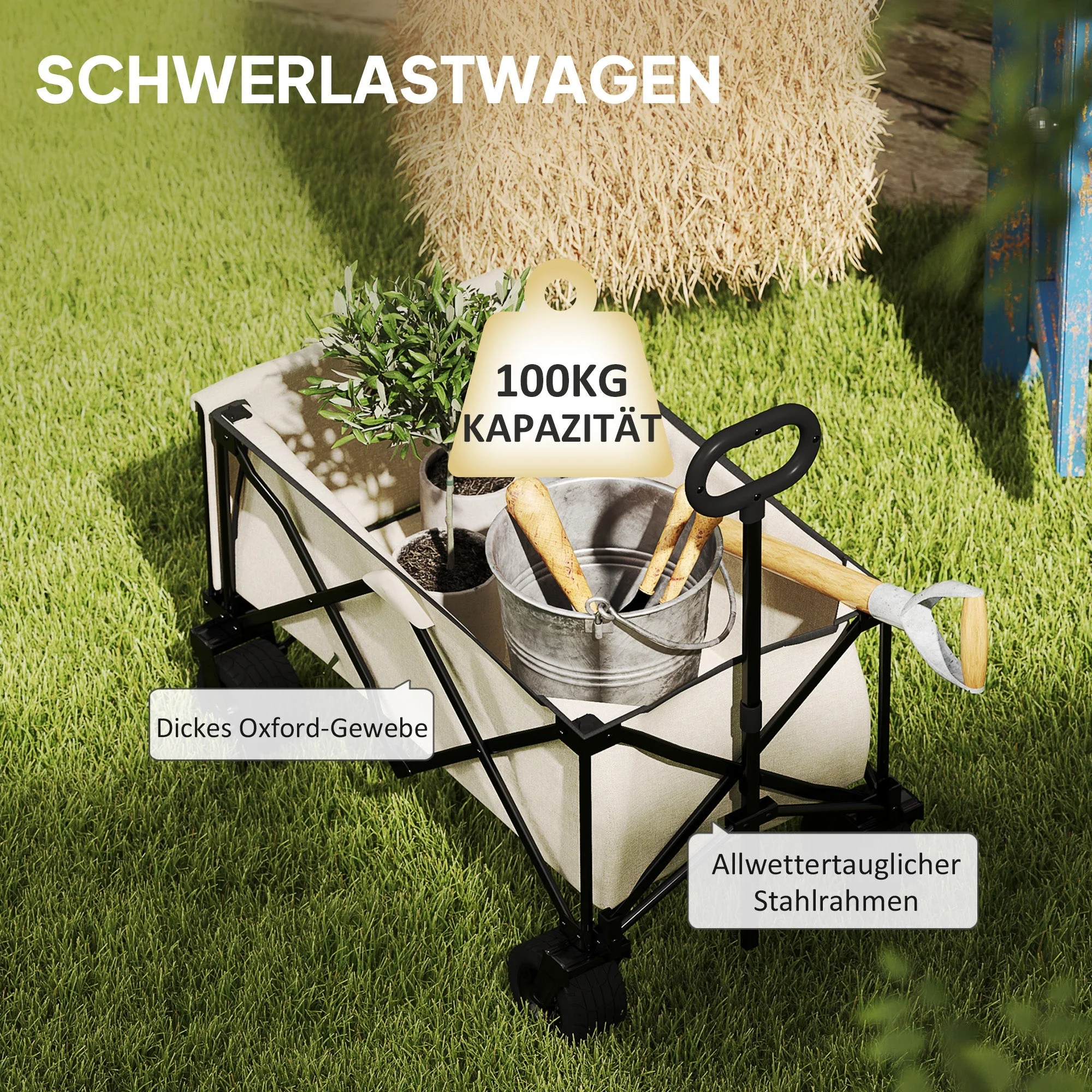 Garden Cart 100 kg, Foldable, 138 Liters, Beige - Image 4