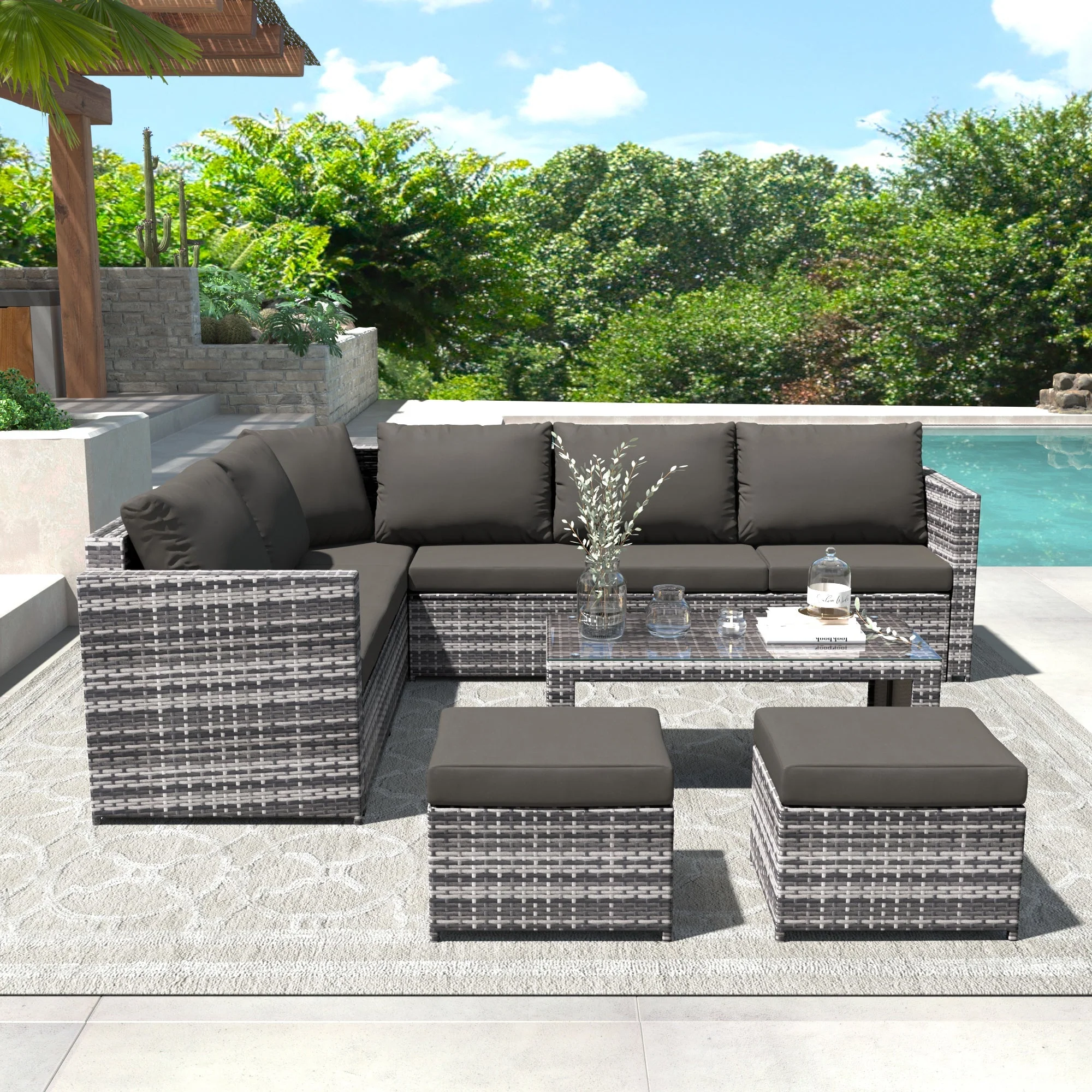Garden Corner Sofa Set Outdoor Rattan with Coffee Table and 2 Stools - Image 2