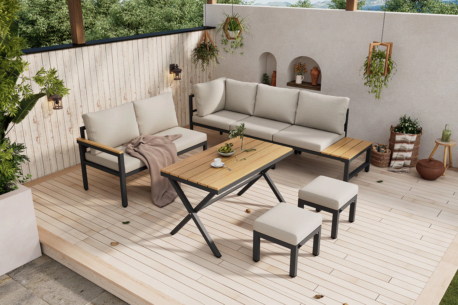 Garden Dining Furniture Set with Corner Sofa, 2 Stools and Table, Grey Galvanized Steel - Image 9