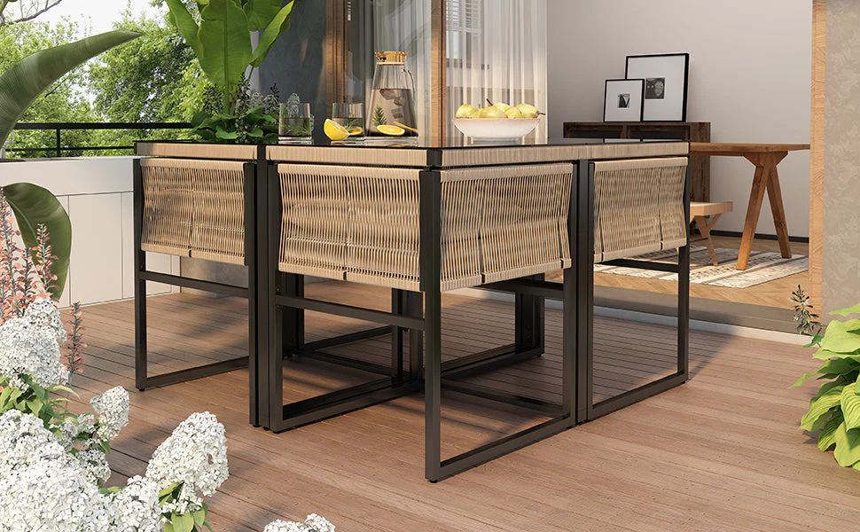 Garden Dining Set 5-Piece 4 Stackable Chairs Fine Rope Iron - Image 6