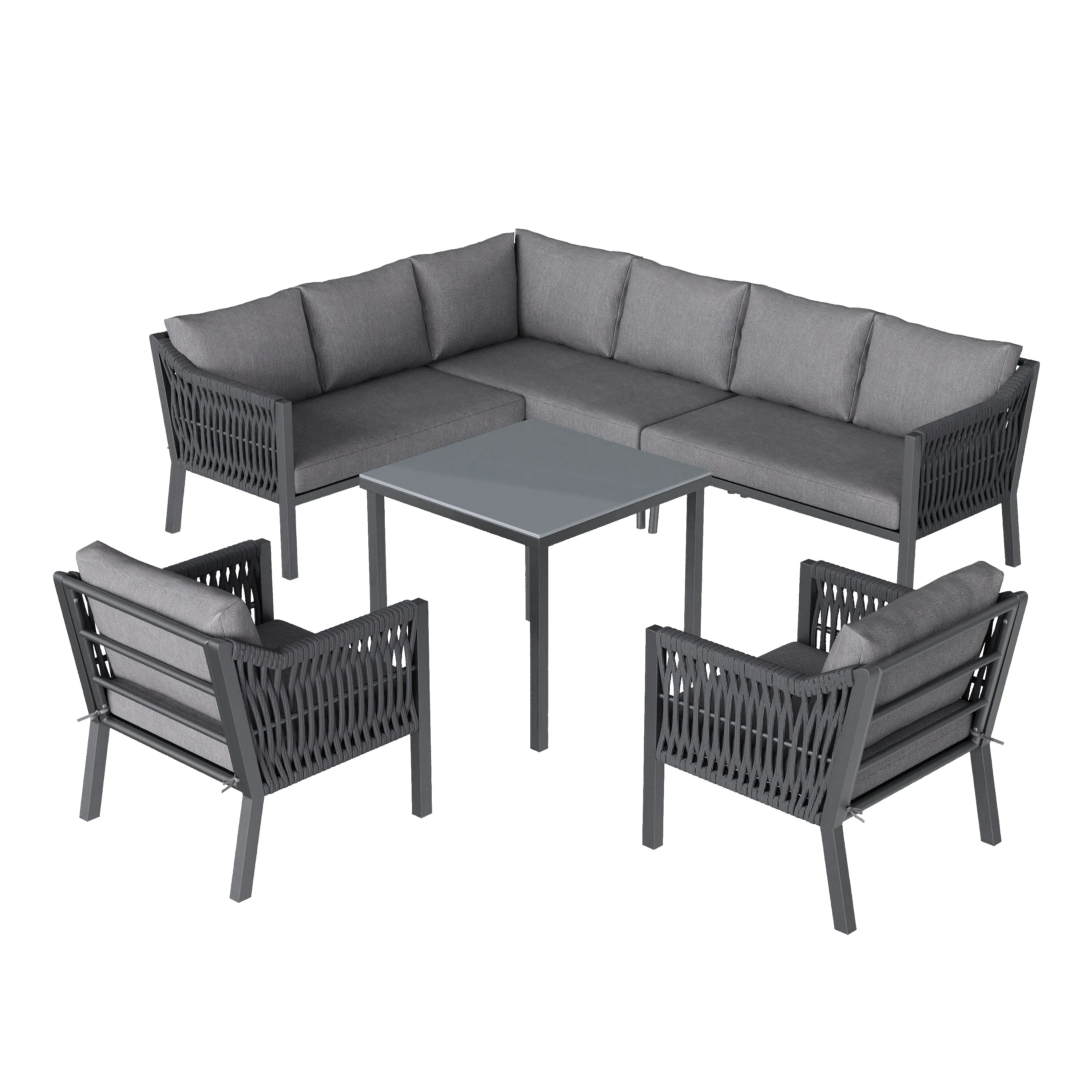 Garden Dining Set, 8-Person Corner Sofa with Table and Armchairs, Grey Hand-Woven Rope and Galvanized Iron - Image 8