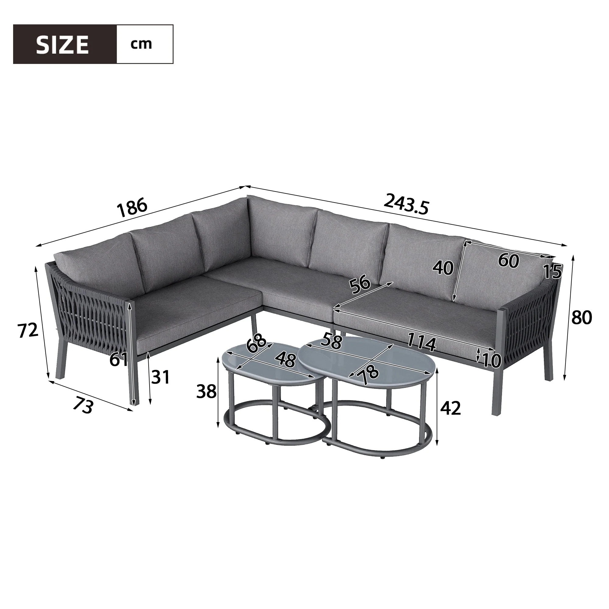 Garden Dining Set for 6 People with Corner Sofa and Two Coffee Tables, Hand-Woven Rope and Galvanized Iron, Grey - Image 5