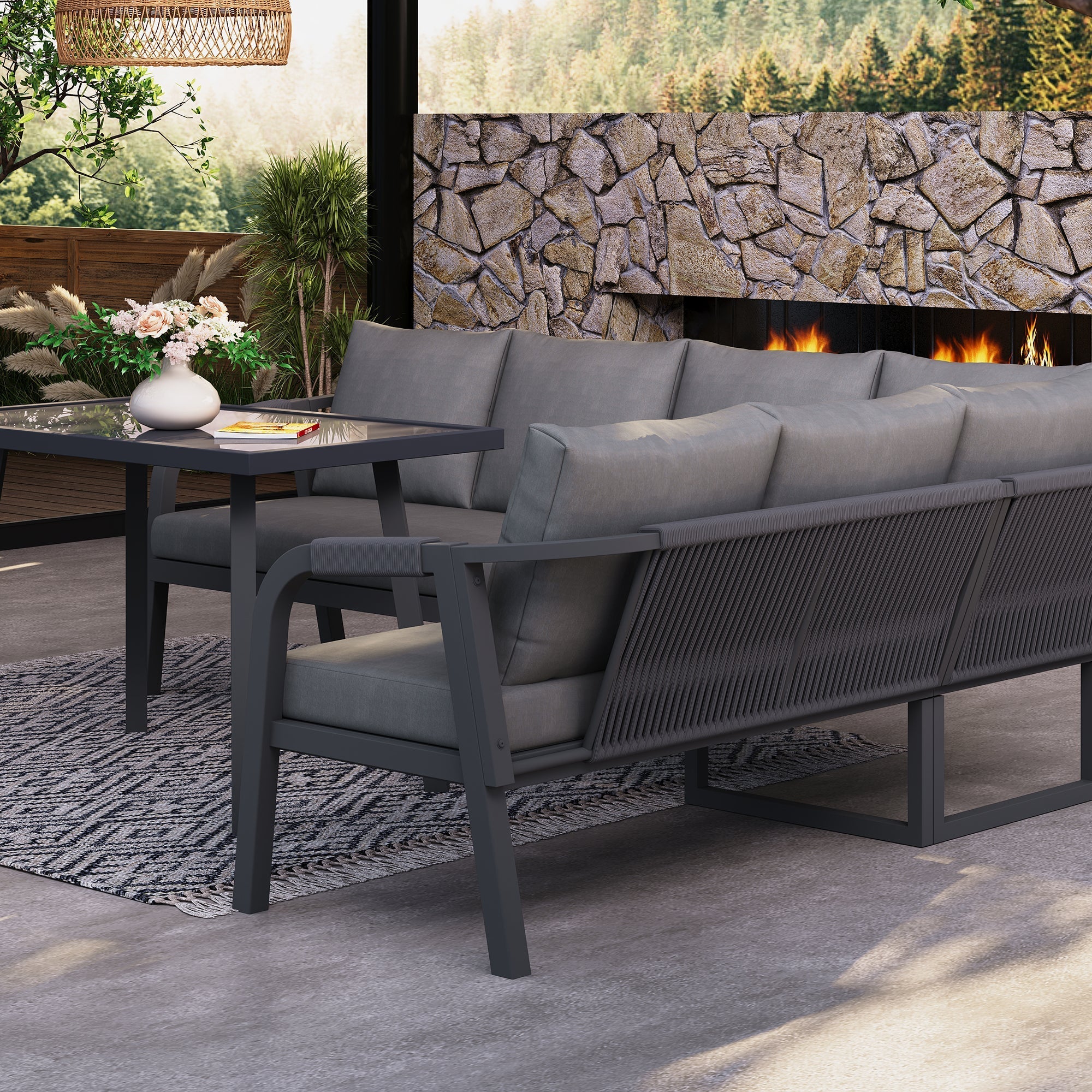 Garden Dining Set, Seats 6 with Corner Sofa and Dining Table, Grey Wicker and Galvanized Steel - Image 5