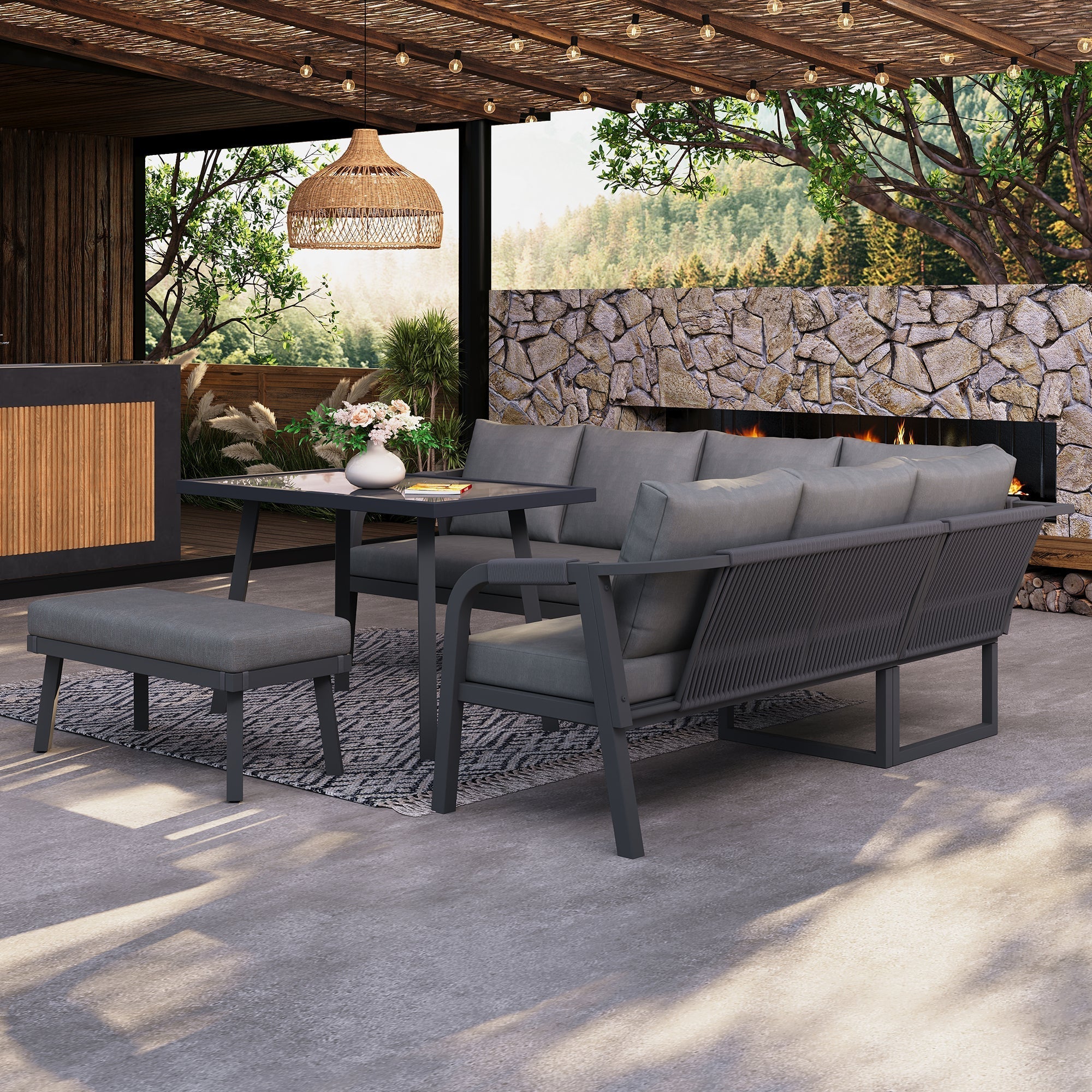 Garden Dining Set with Corner Sofa, Table and Bench, Seats 8, Grey Woven Steel - Image 5