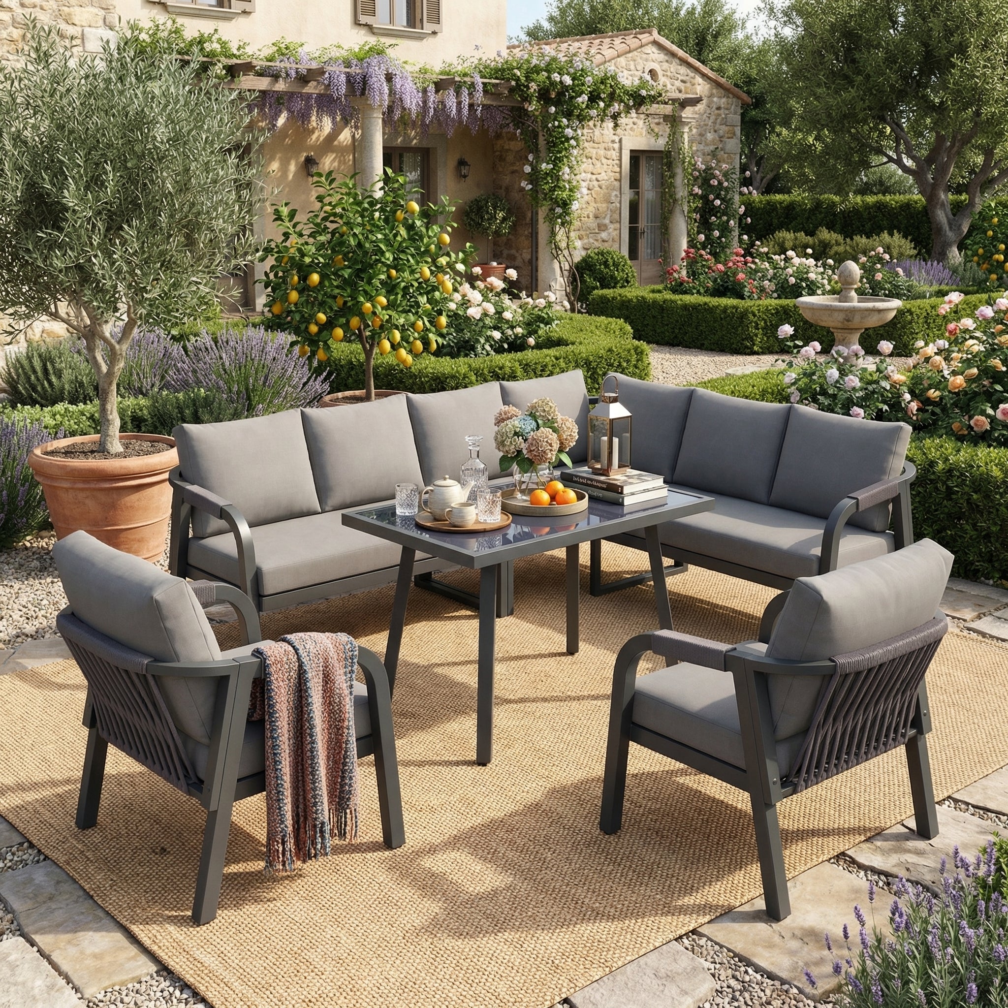 Garden Dining Set with Corner Sofa, Table and Two Armchairs, Seats up to 8, Grey Steel - Image 2
