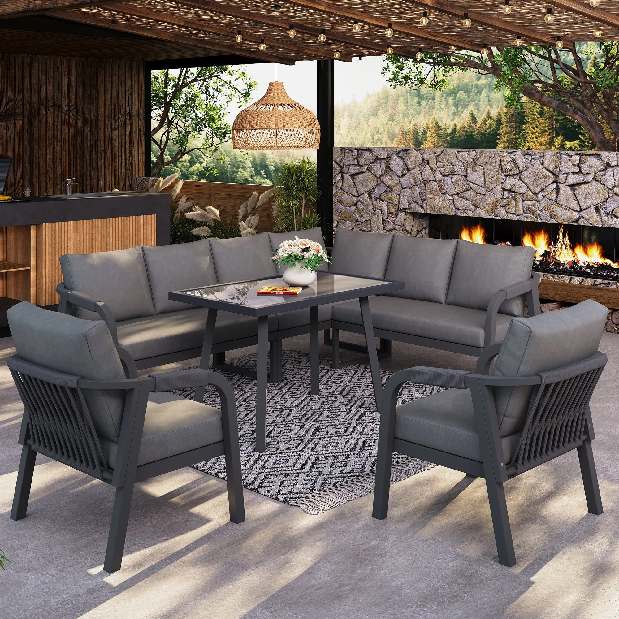 Garden Dining Set with Corner Sofa, Table and Two Armchairs, Seats up to 8, Grey Steel - Image 3