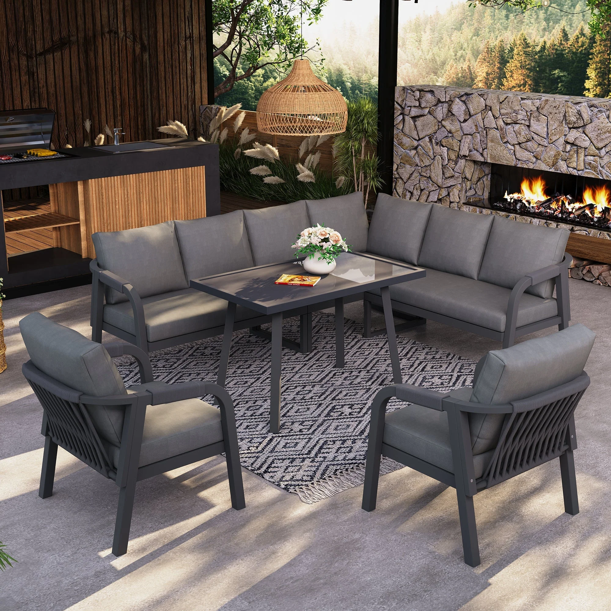 Garden Dining Set with Corner Sofa, Table and Two Armchairs, Seats up to 8, Grey Steel - Image 4