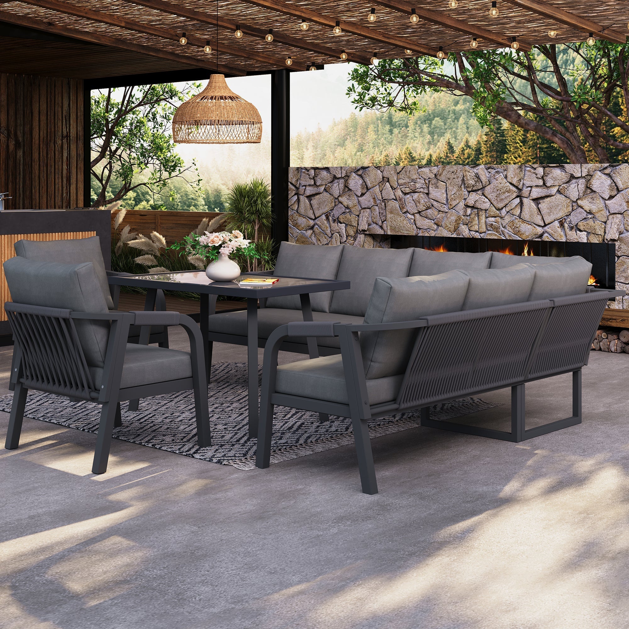 Garden Dining Set with Corner Sofa, Table and Two Armchairs, Seats up to 8, Grey Steel - Image 5