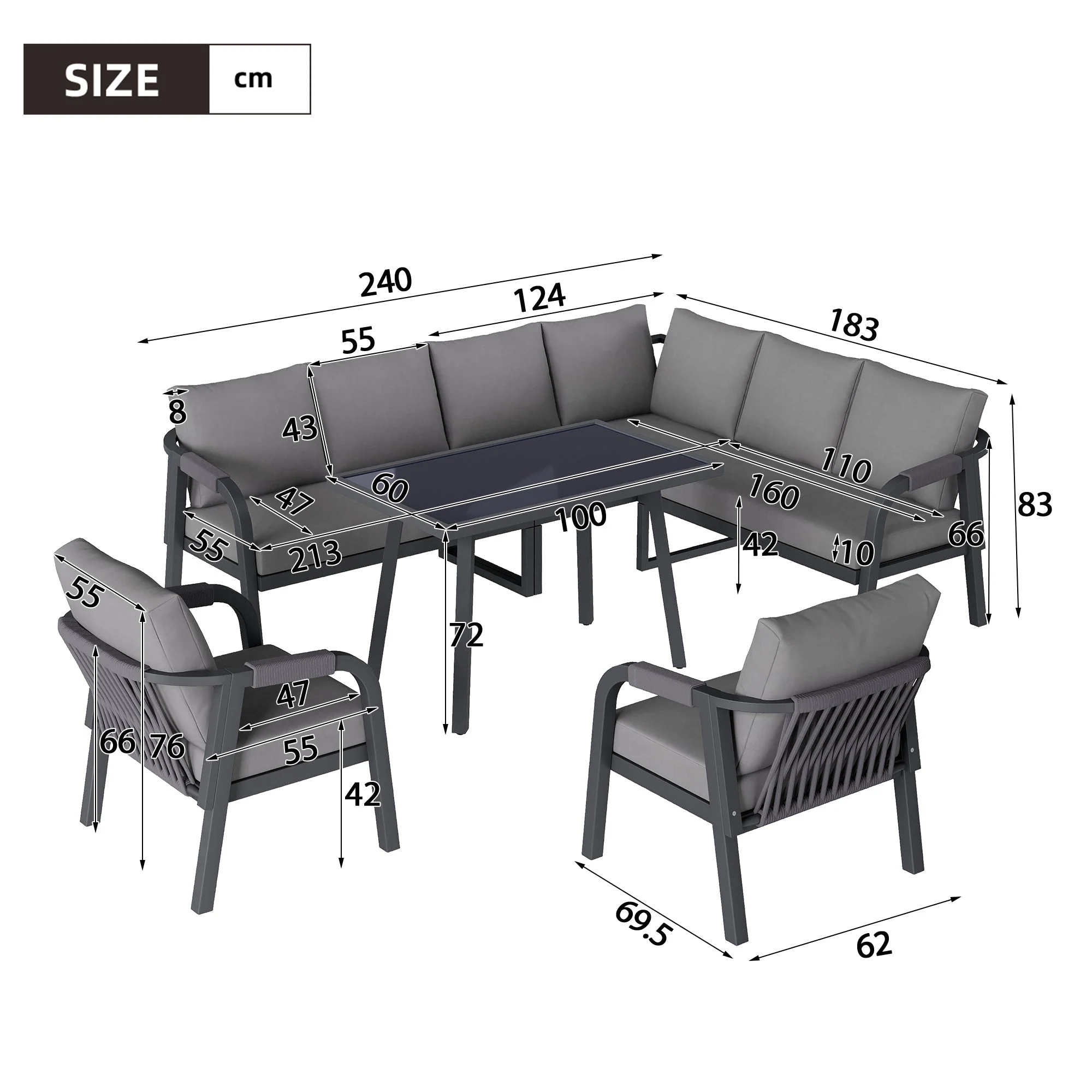 Garden Dining Set with Corner Sofa, Table and Two Armchairs, Seats up to 8, Grey Steel - Image 6