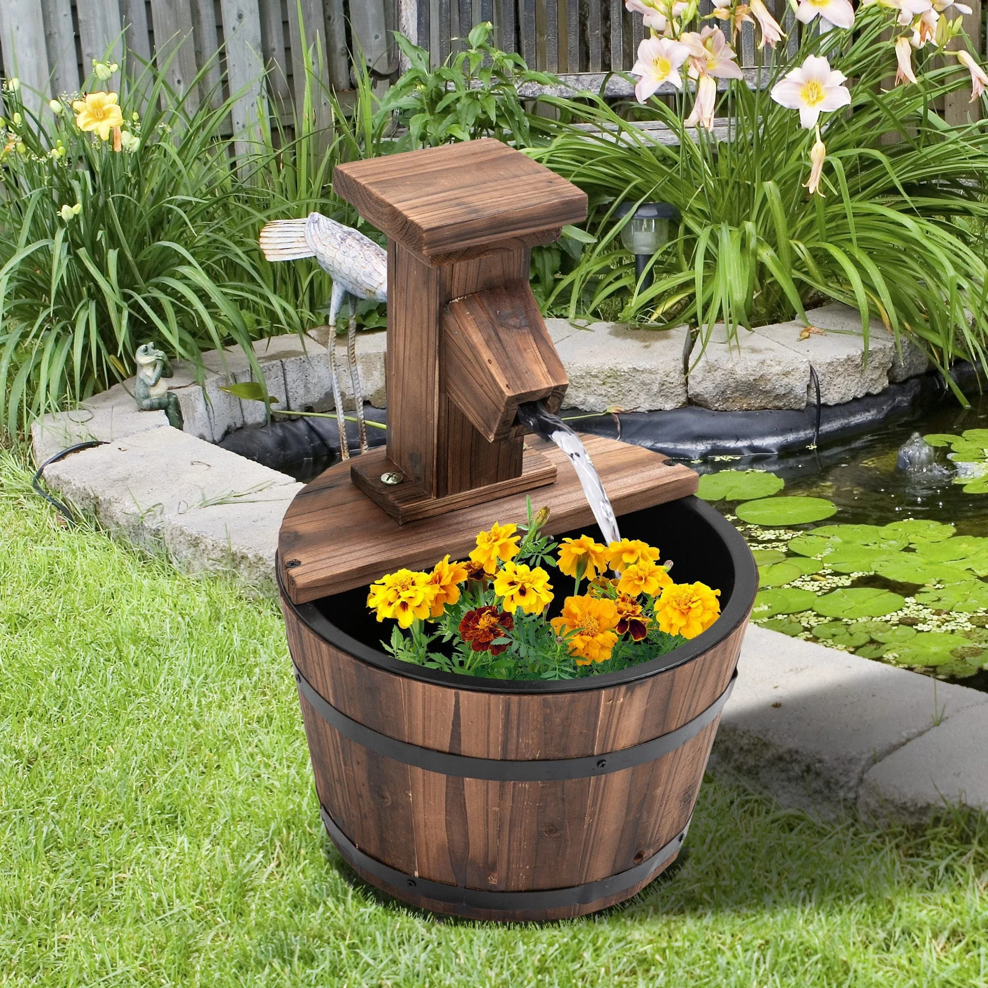 garden fountain decorative barrel waterfall fir wood and metal dark brown - Image 2