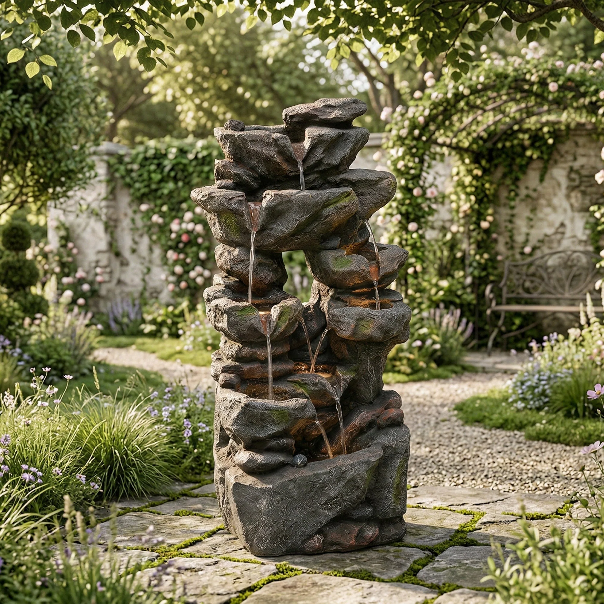 Garden Fountain with LED Lighting, Water Pump and Decorative Basin, Artificial Stone Grey - Image 3