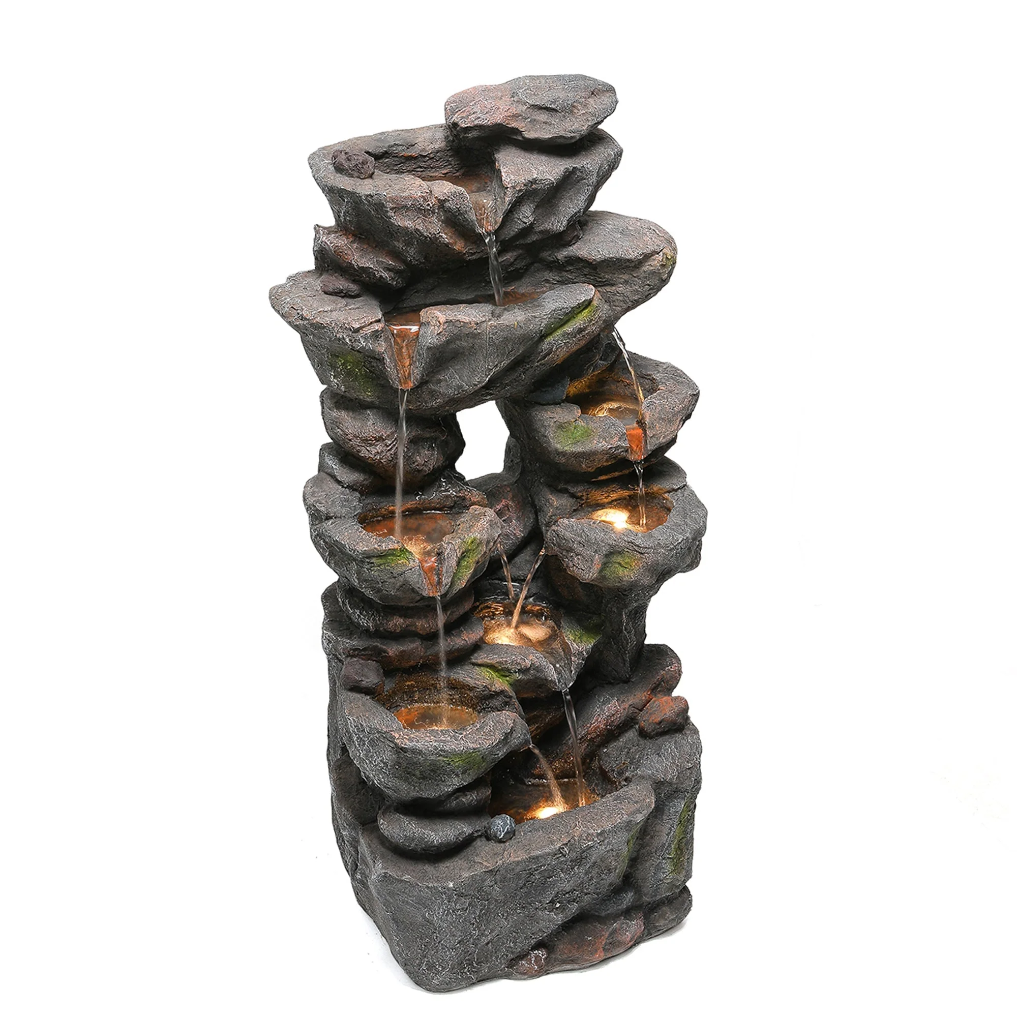 Garden Fountain with LED Lighting, Water Pump and Decorative Basin, Artificial Stone Grey - Image 9