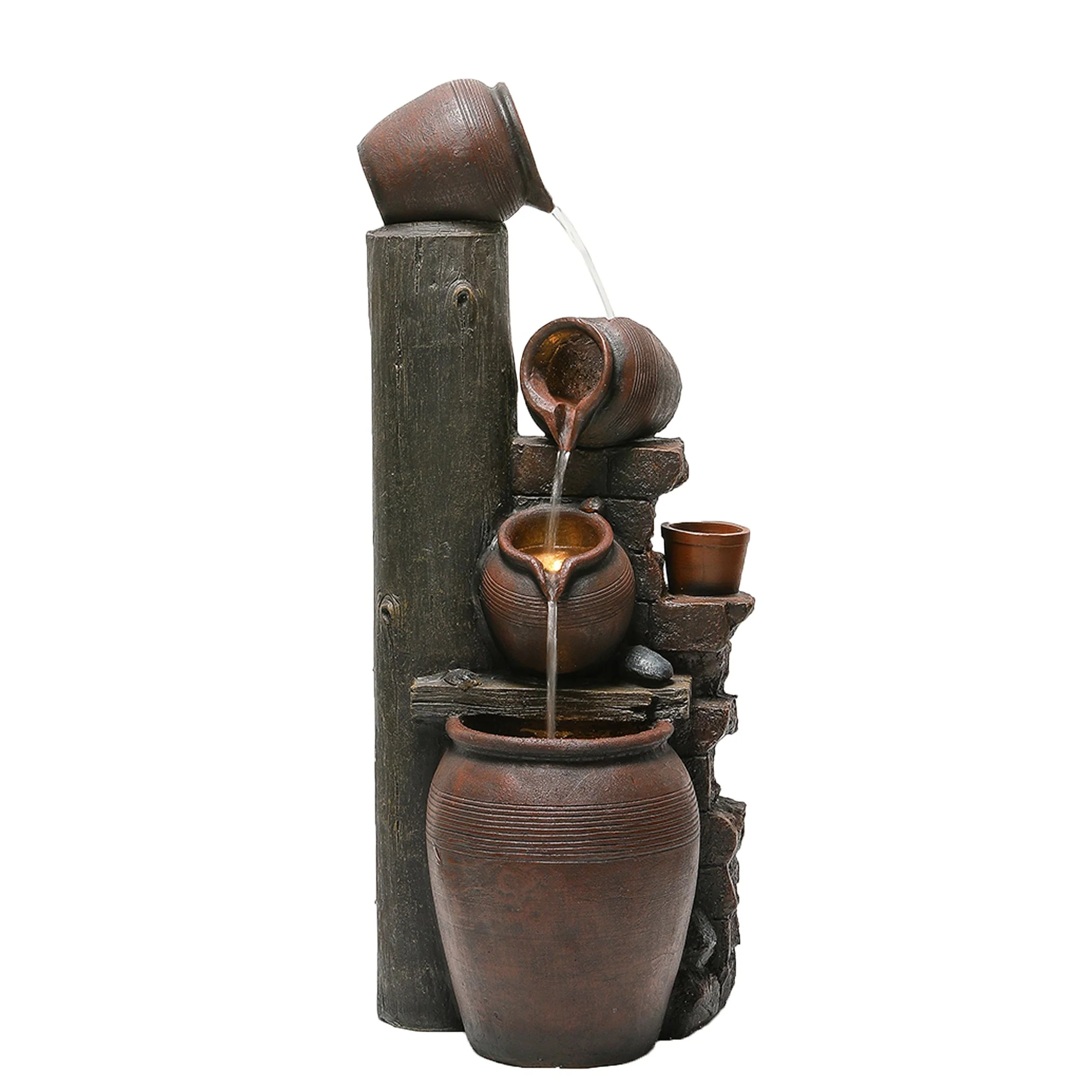 Garden Fountain with LED Lighting, Water Pump and Decorative Basin, Brown Artificial Stone - Image 8