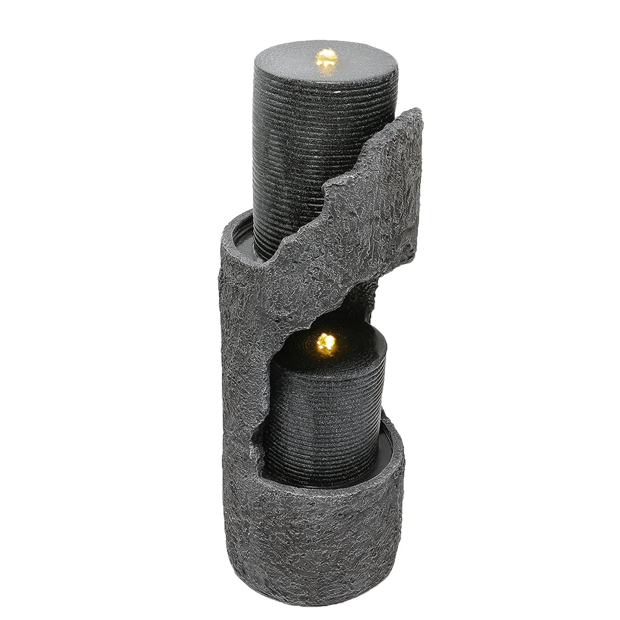 Garden Fountain with LED Lighting, Water Pump and Decorative Basin, Grey Artificial Stone - Image 7