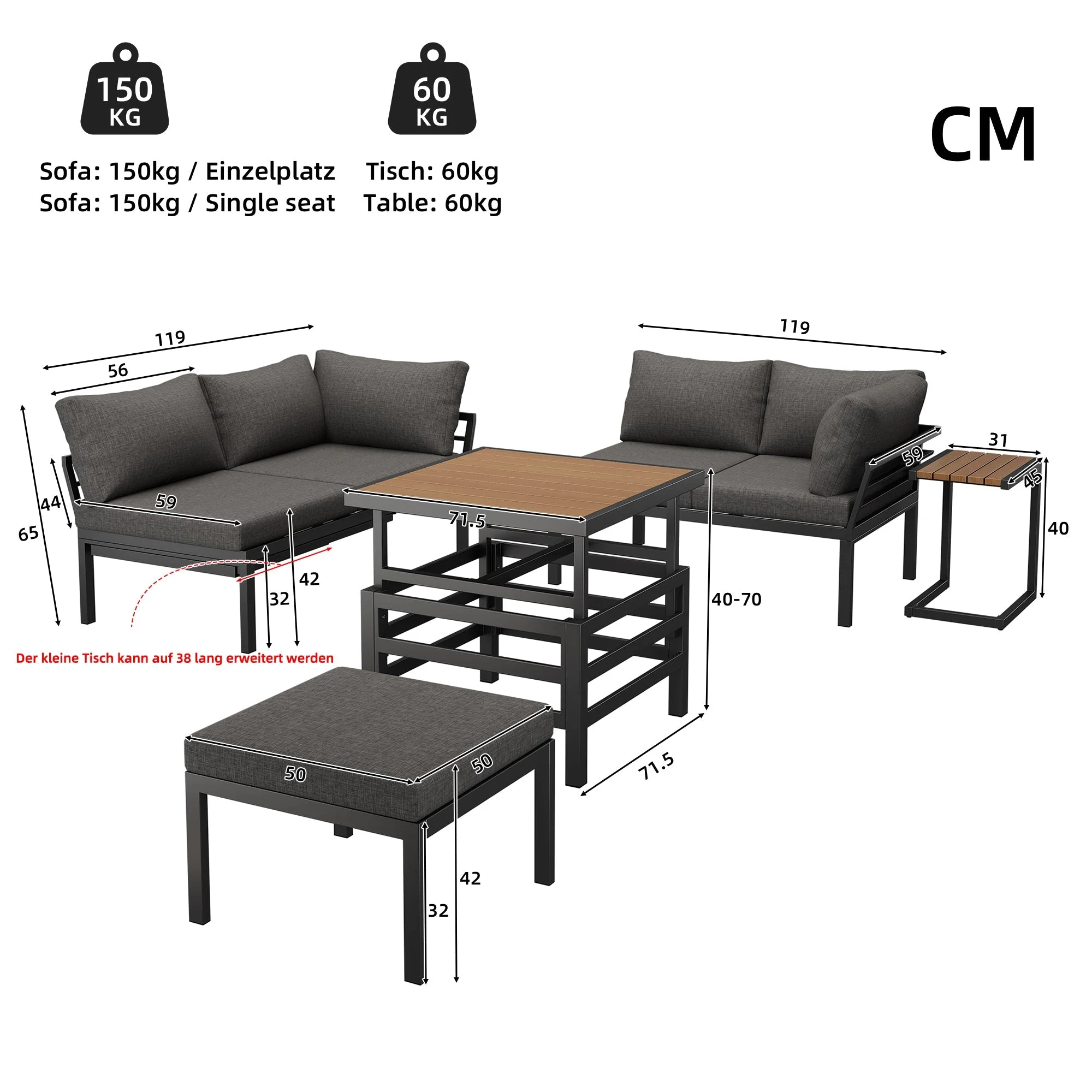 Garden Furniture Set - 2 Double Sofas, Footstool, Extendable Lift Table & Cushions - Galvanized Iron Frame - Image 5