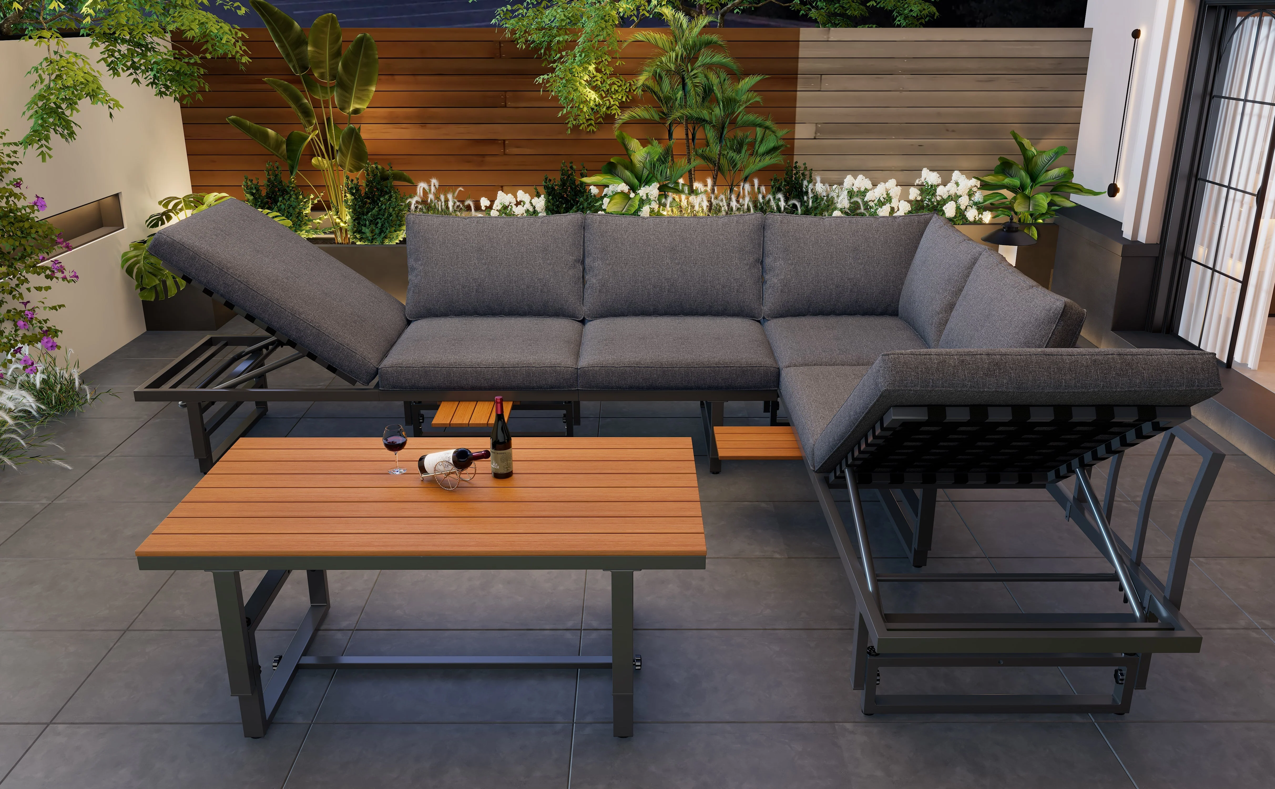 Garden Furniture Set 3-Piece 2 Sofas Table Adjustable Backrest Acacia Wood Grey - Image 2