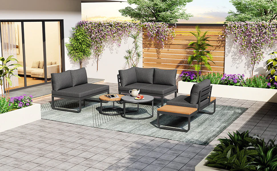 Garden Furniture Set 4-5 Seater with 2 Stackable Coffee Tables Adjustable Legs Galvanized Iron Grey - Image 5
