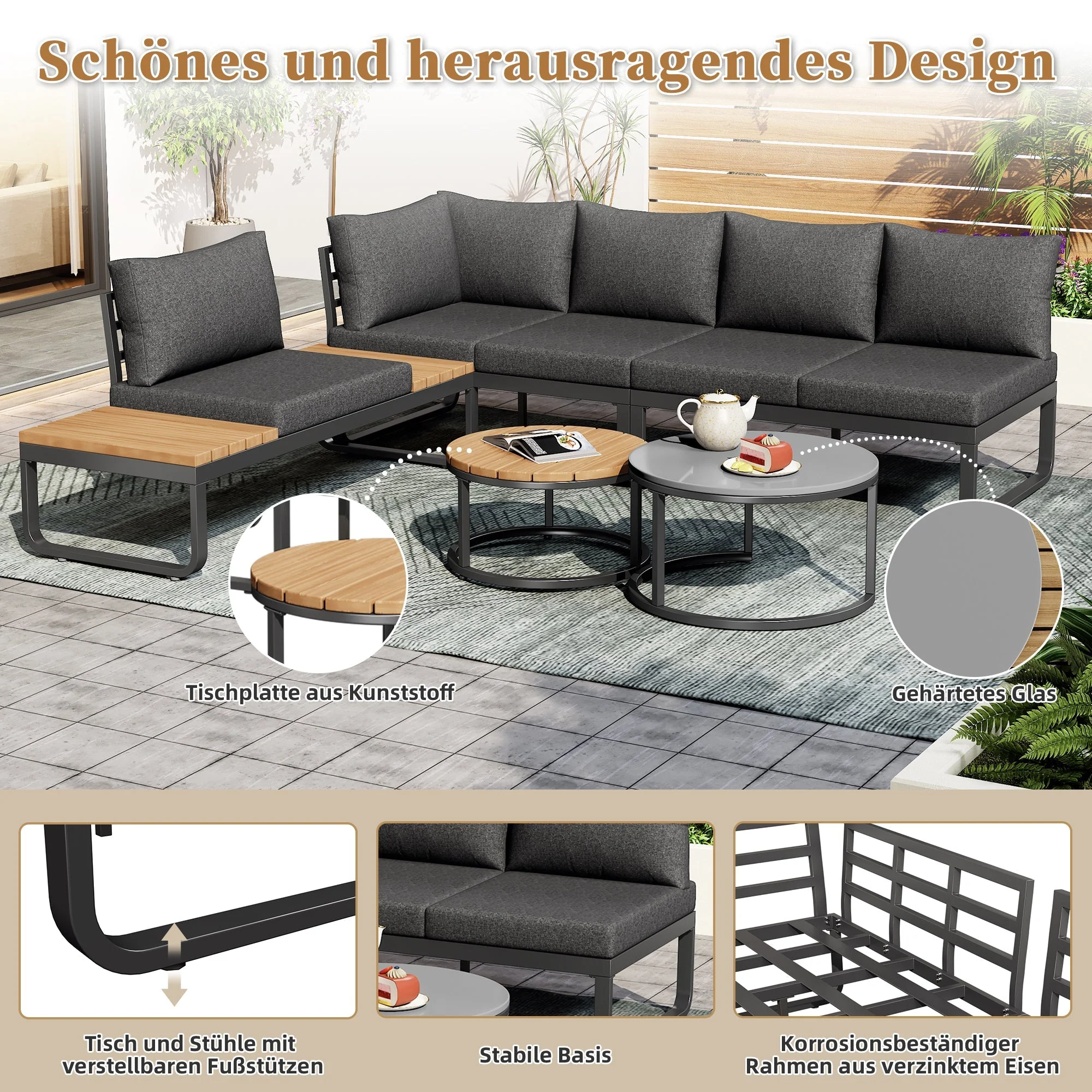Garden Furniture Set 4-5 Seater with 2 Stackable Coffee Tables Adjustable Legs Galvanized Iron Grey - Image 8