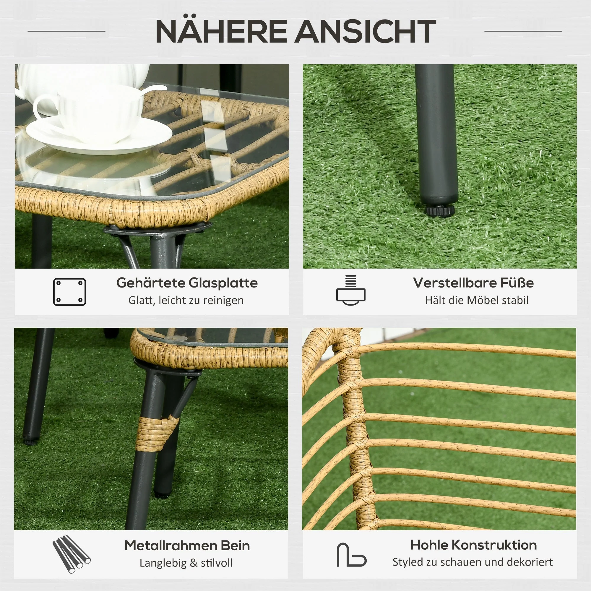 Garden Furniture Set 4-Piece Rattan 3 Armchairs Coffee Table Sand/Dark Grey - Image 6