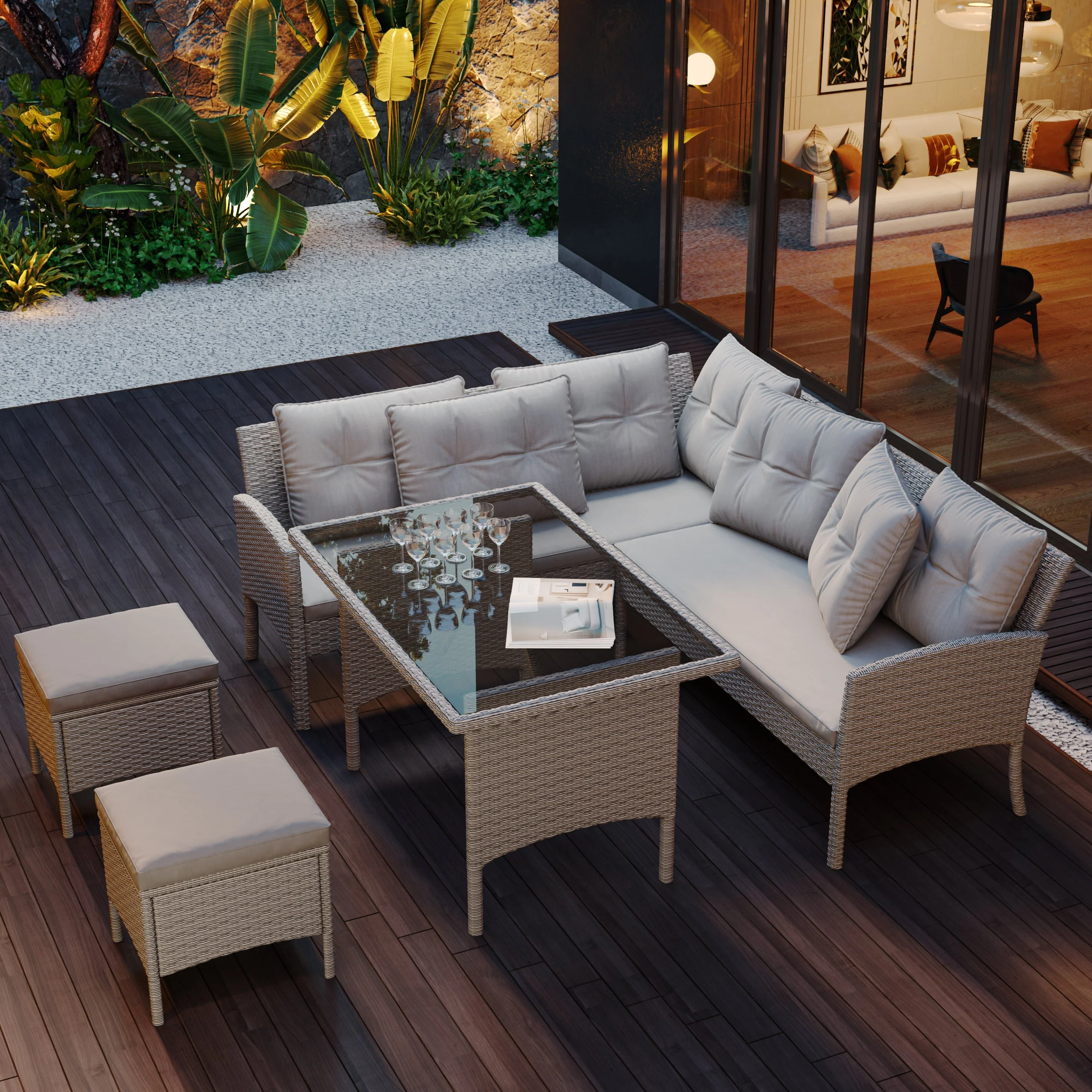 Garden Furniture Set, 6-7 Seater Rattan Patio Sofa with Table Stool, Mixed Khaki Wicker with Light Grey Cushions - Image 3