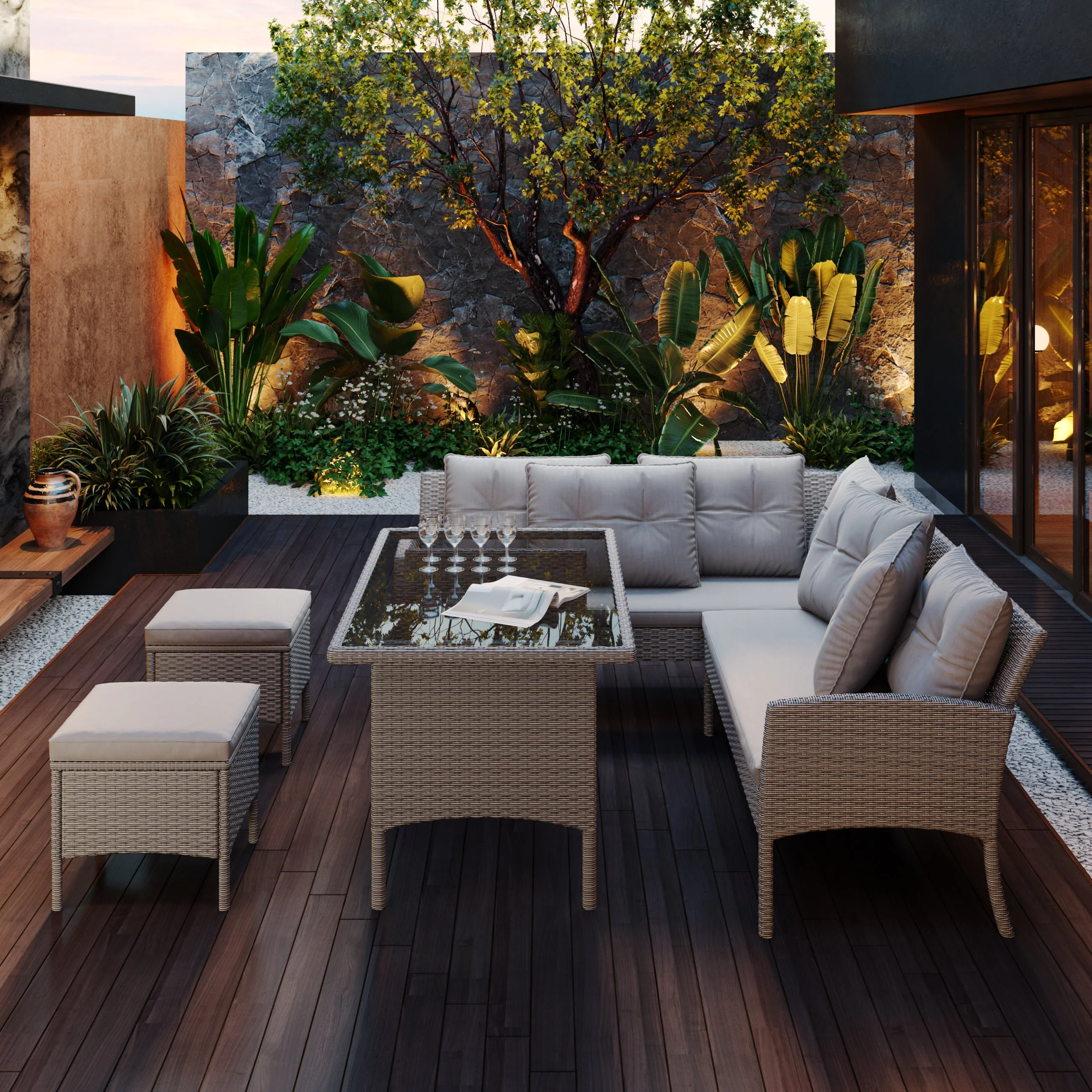 Garden Furniture Set, 6-7 Seater Rattan Patio Sofa with Table Stool, Mixed Khaki Wicker with Light Grey Cushions - Image 4