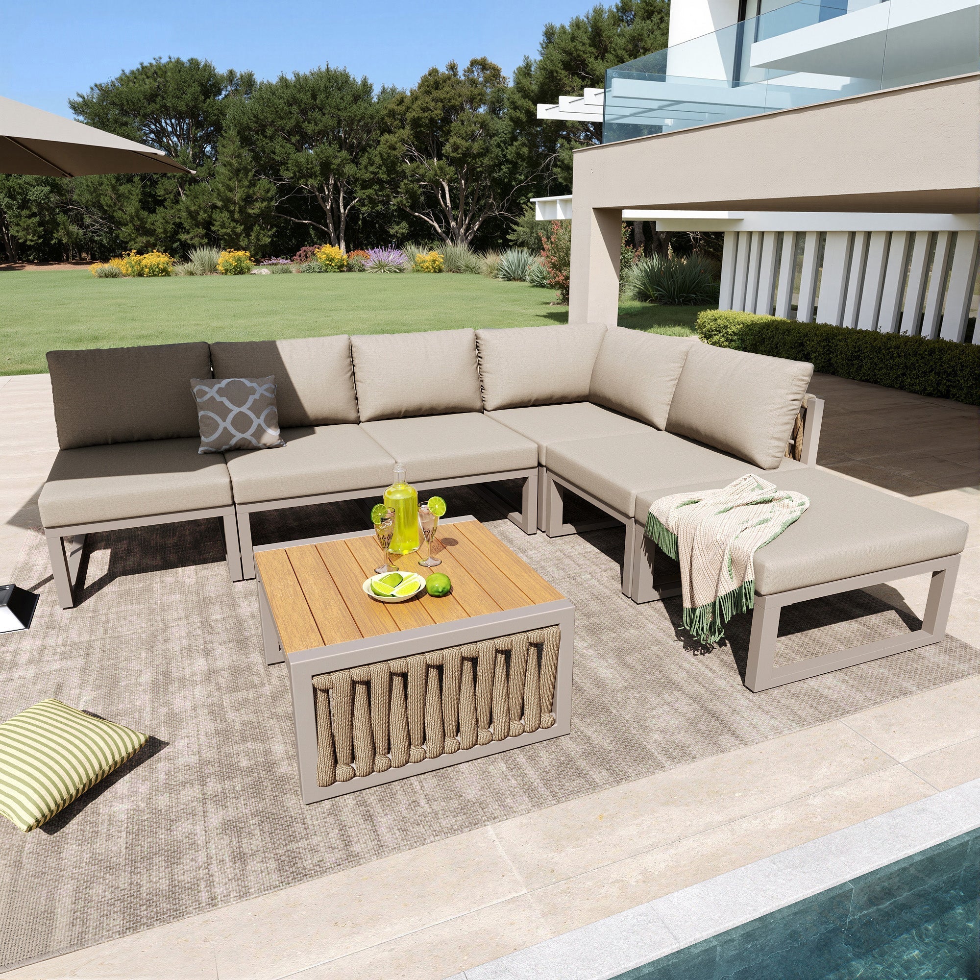 Garden Furniture Set 6 Person Double Lounger Adjustable Backrest Cushions - Beige - Image 10