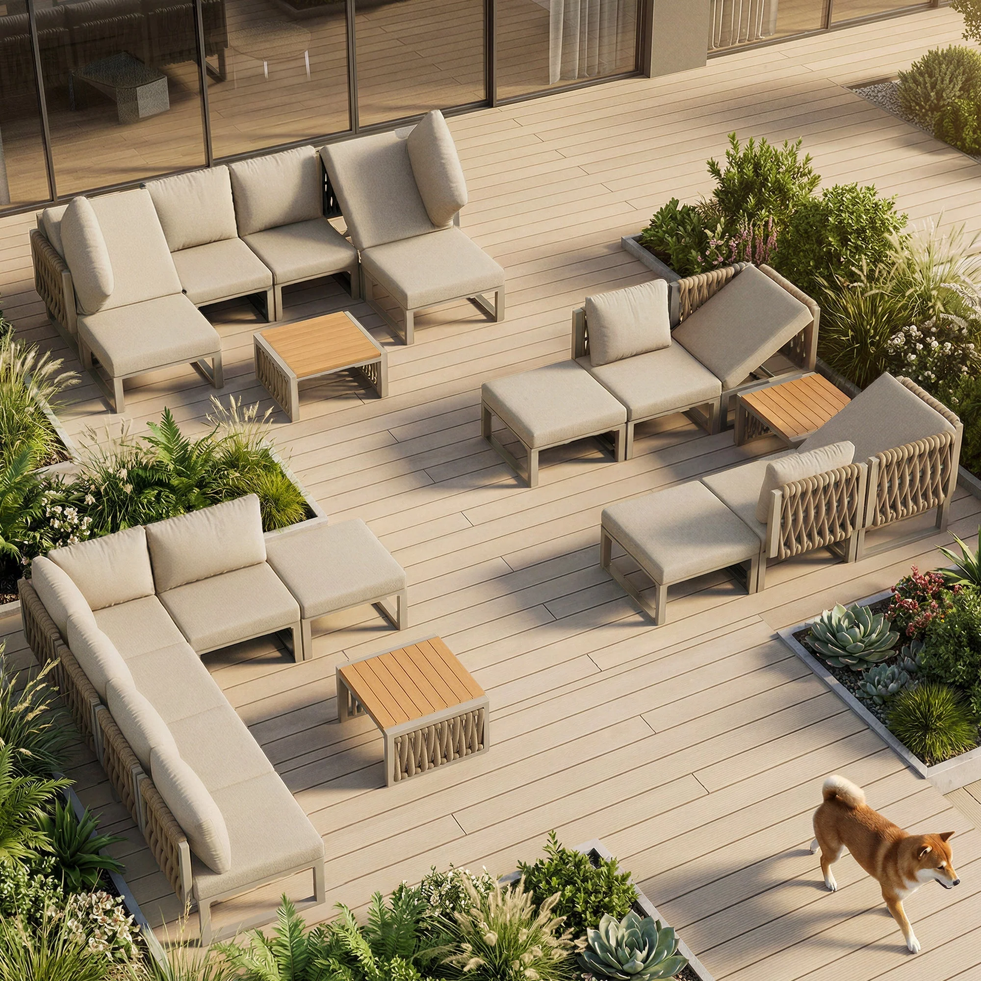 Garden Furniture Set 6 Person Double Lounger Adjustable Backrest Cushions - Beige - Image 2
