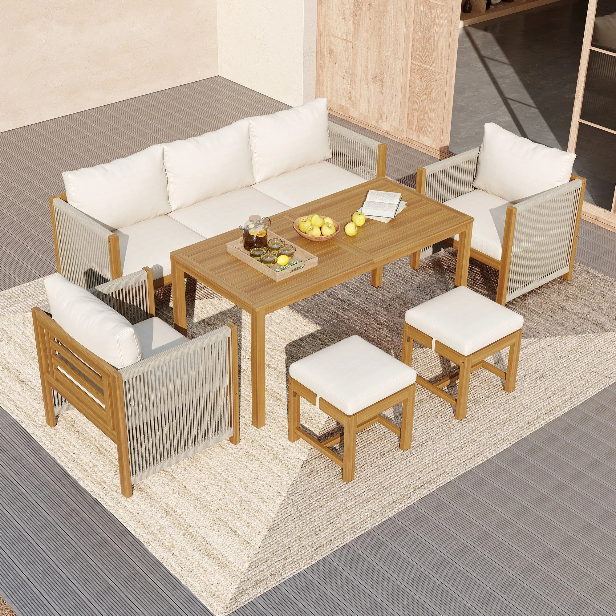 Garden Furniture Set, 6-Piece Modular Sectional with 3-Seater Sofa, 2 Chairs, 2 Stools and Acacia Table, Beige - Image 2