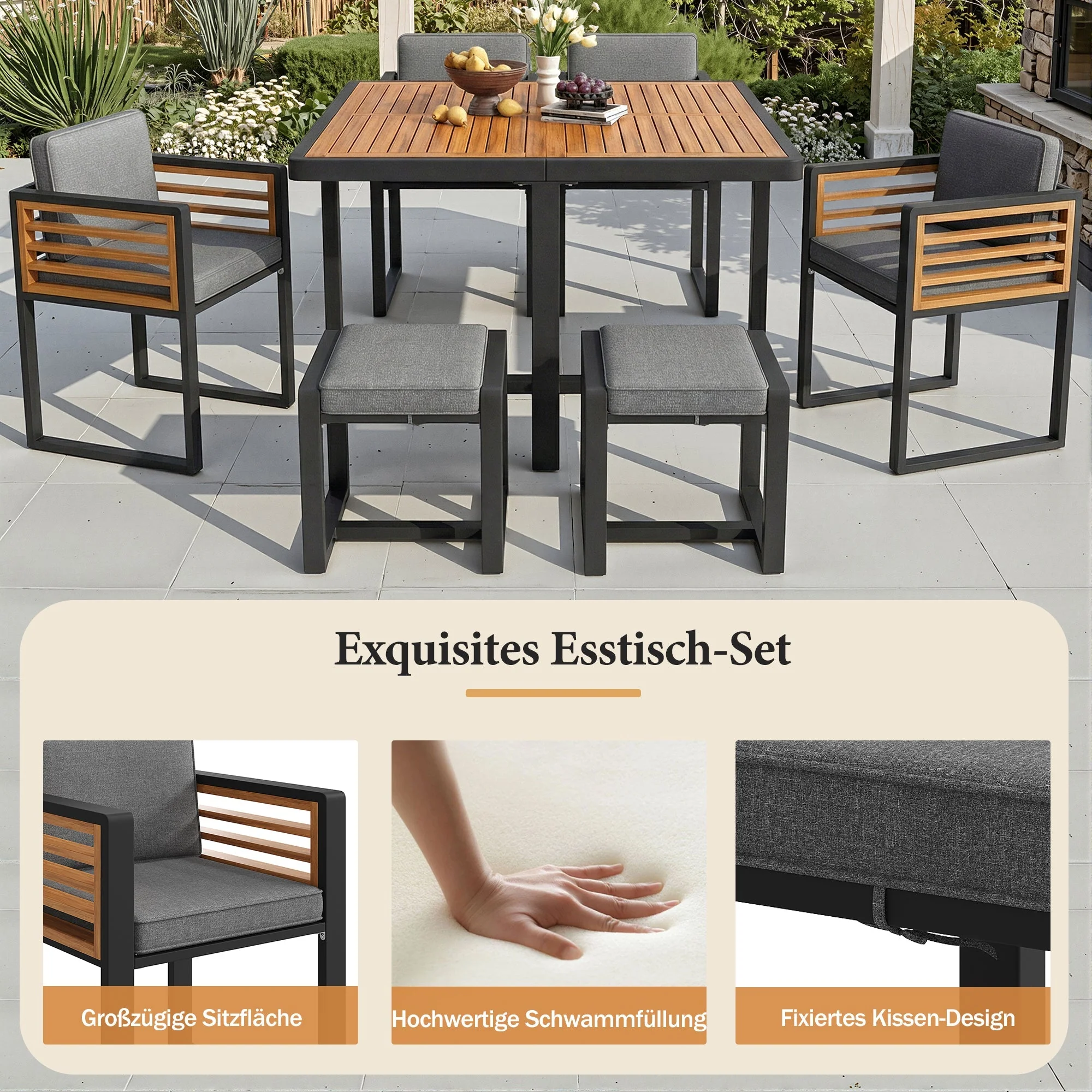 Garden Furniture Set, Lounge Seating Group with 6 Chairs and Table, Solid Wood Tabletop - Image 9