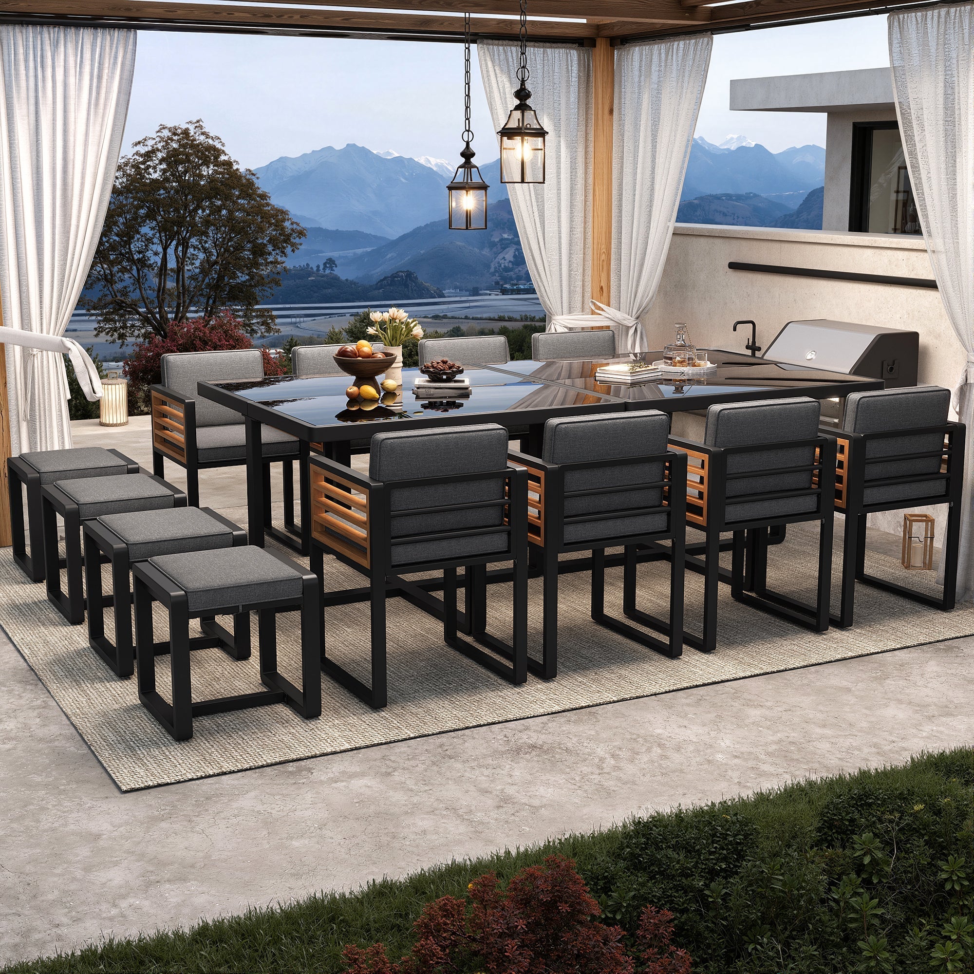 Garden Furniture Set with 12 Chairs and Table for 12 People, Glass Tabletop - Image 2