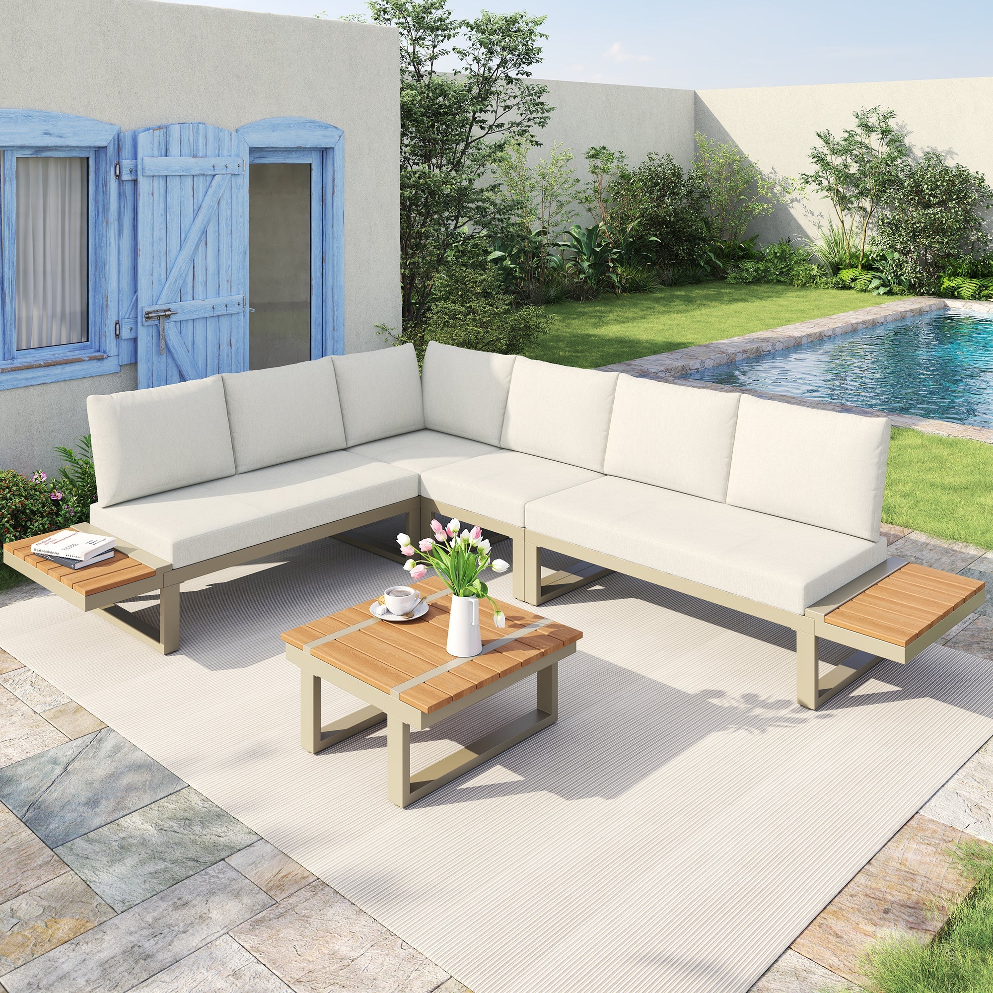 Garden Furniture Set with 2 Convertible Reclining Beds and Coffee Table, Beige - Image 2
