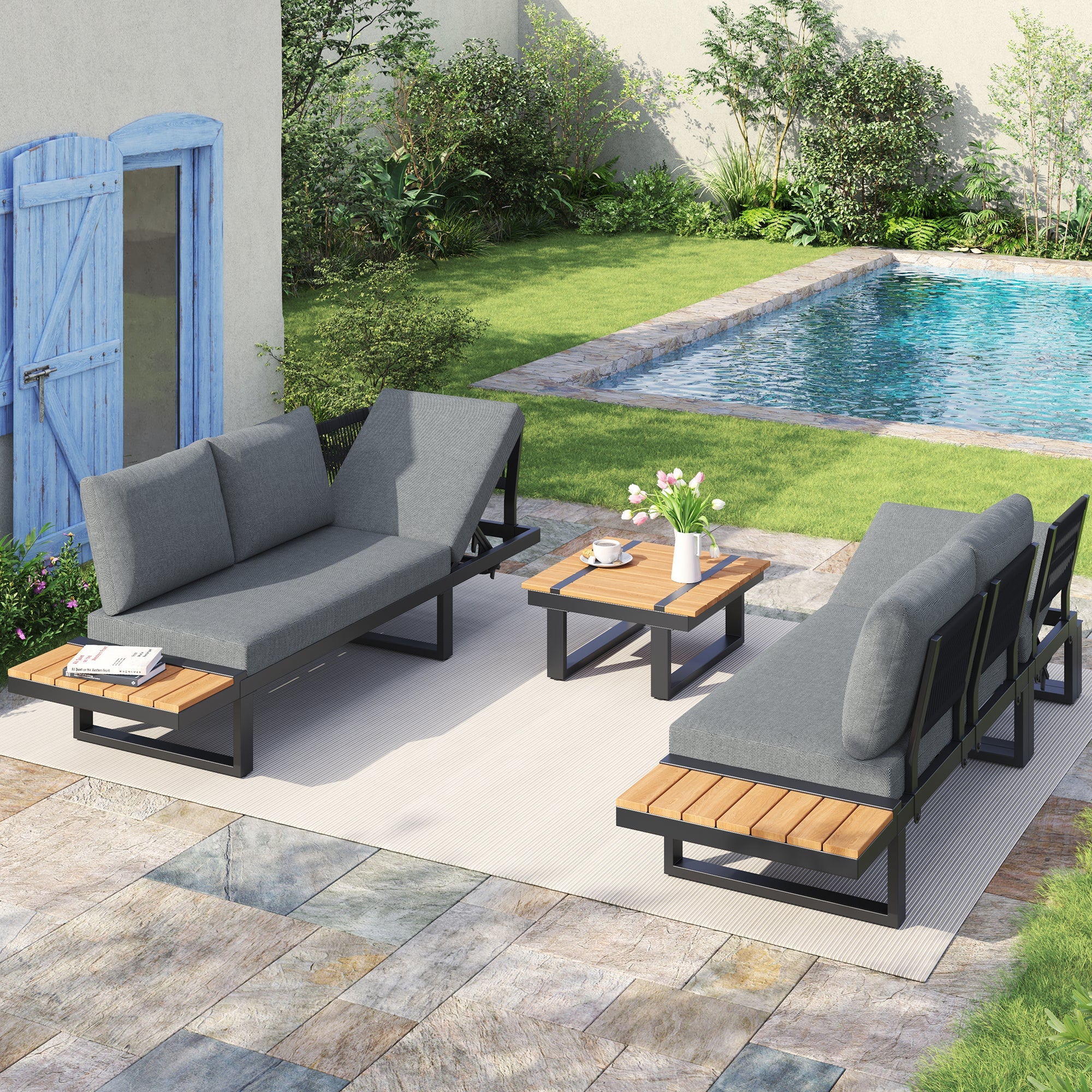 Garden Furniture Set with 2 Reclining Beds and Coffee Table, Grey - Image 3