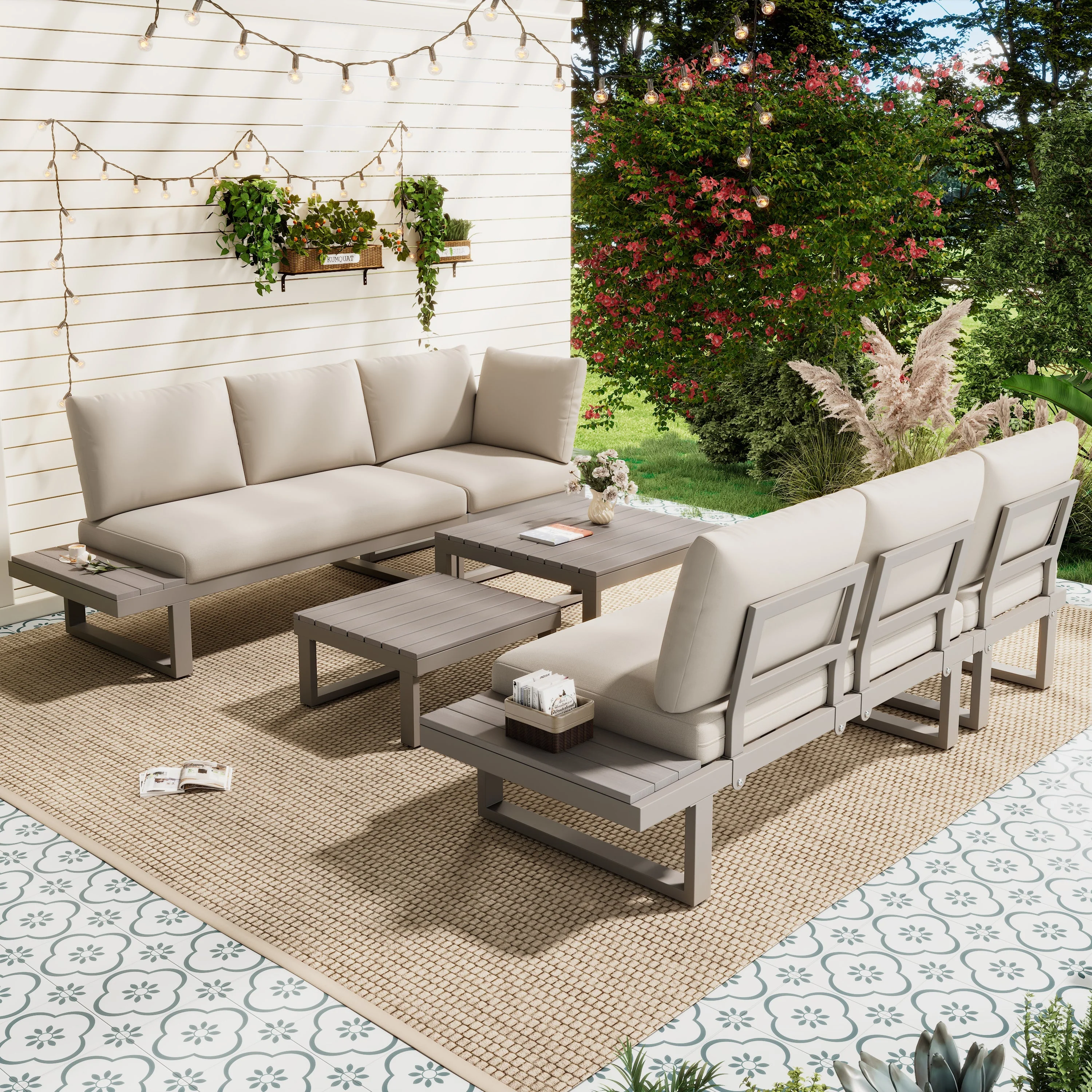 Garden Furniture Set with Adjustable Tilt and Two Coffee Tables, Beige and Khaki - Image 2
