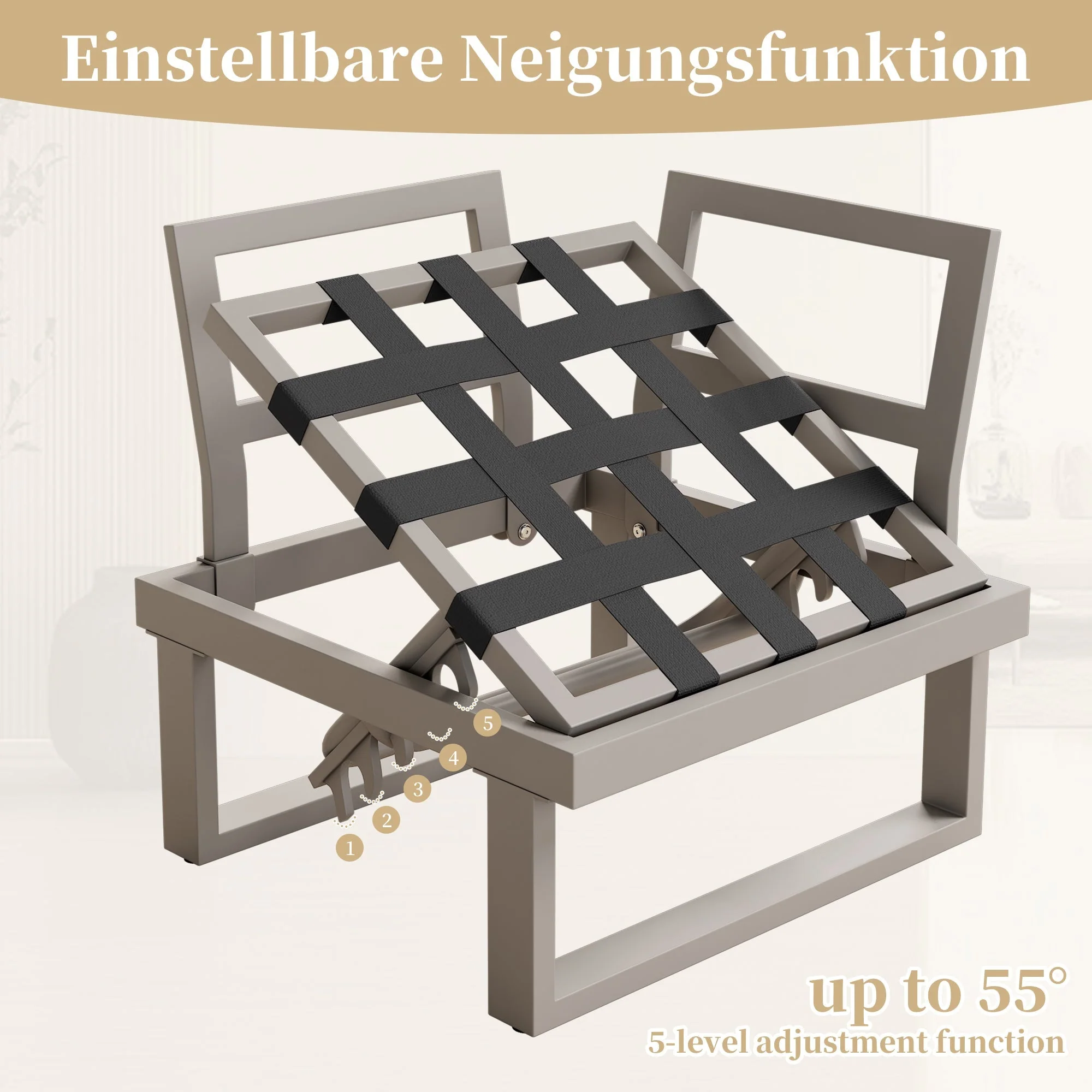 Garden Furniture Set with Adjustable Tilt and Two Coffee Tables, Beige and Khaki - Image 7
