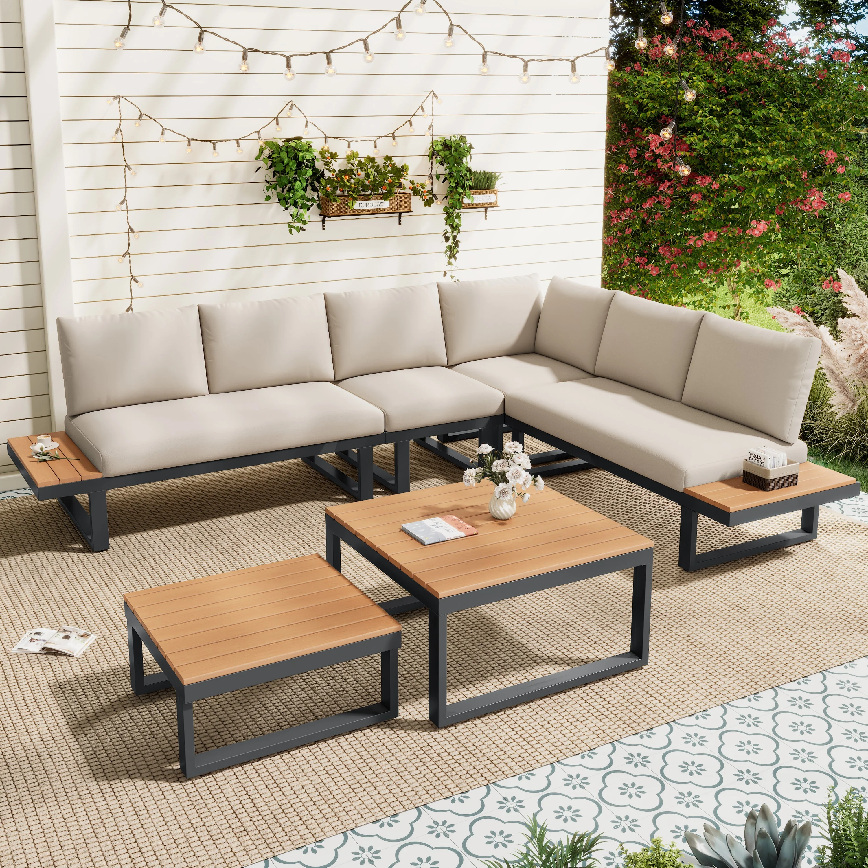 Garden Furniture Set with Adjustable Tilt Function and Two Coffee Tables, Beige and Black - Image 2