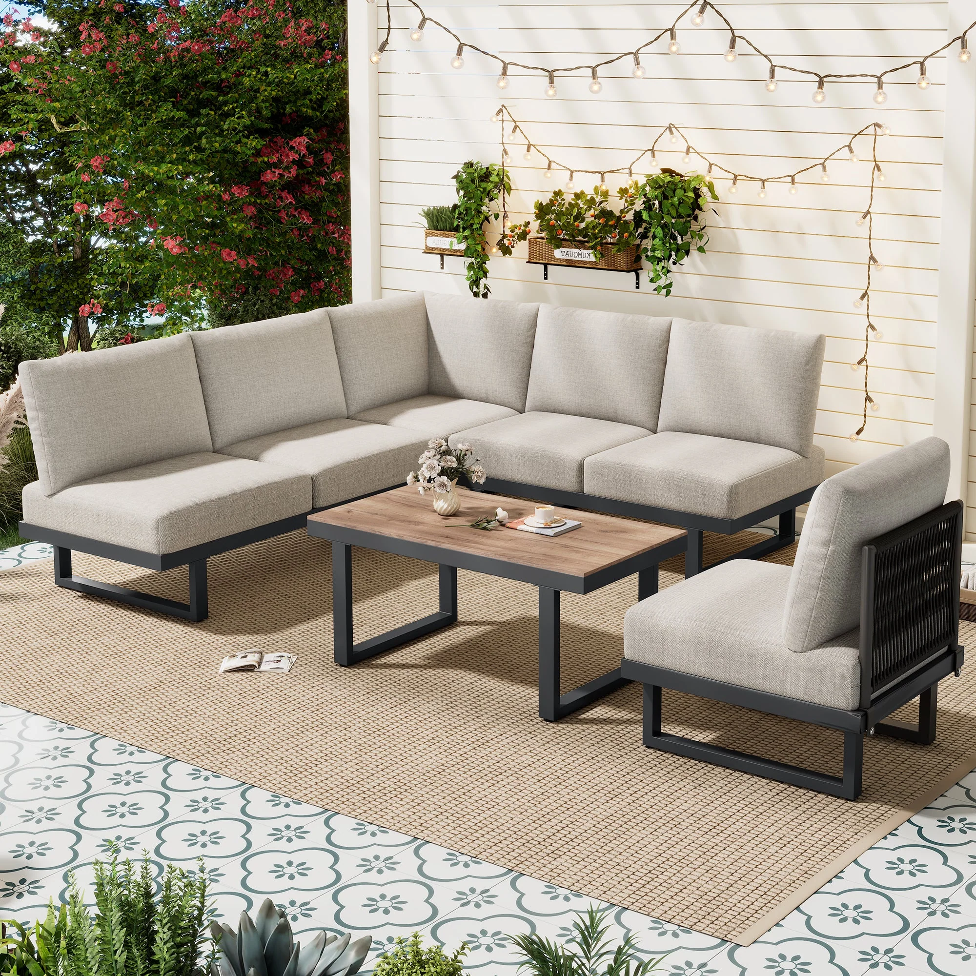 Garden Furniture Set with Convertible Daybed and Coffee Table, Galvanized Steel, Grey - Image 3