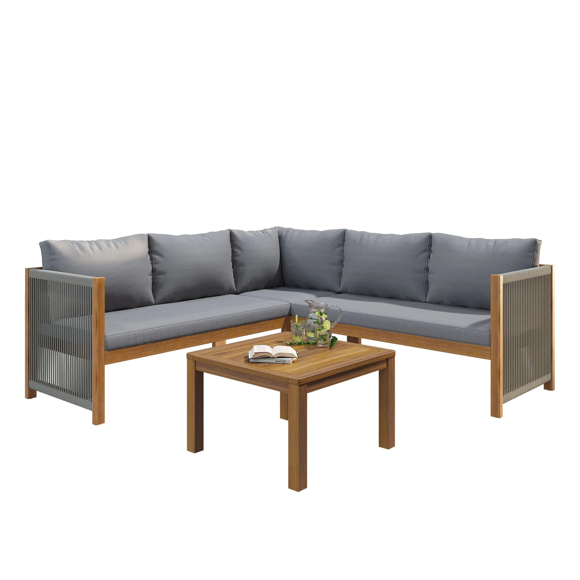 Garden Furniture Set with Corner Sofa and Acacia Wood Coffee Table, Grey - Image 7