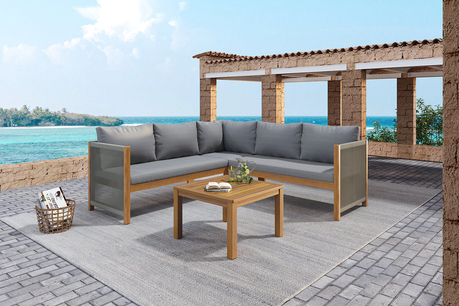 Garden Furniture Set with Corner Sofa and Acacia Wood Coffee Table, Grey - Image 8