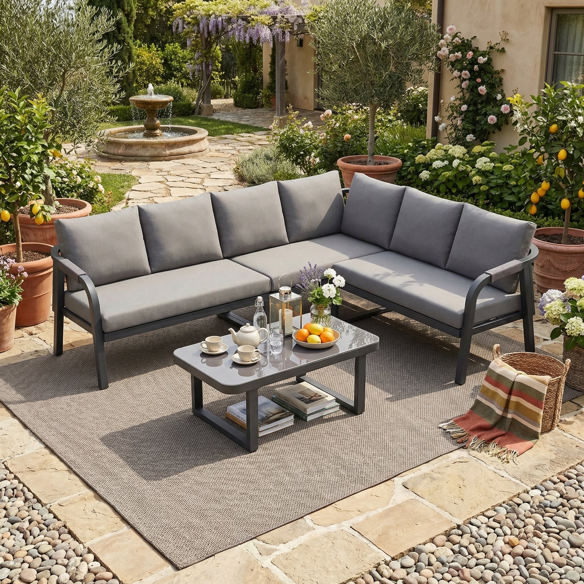 Garden Furniture Set with Corner Sofa and Coffee Table, Seats 6, Grey Galvanized Steel - Image 2