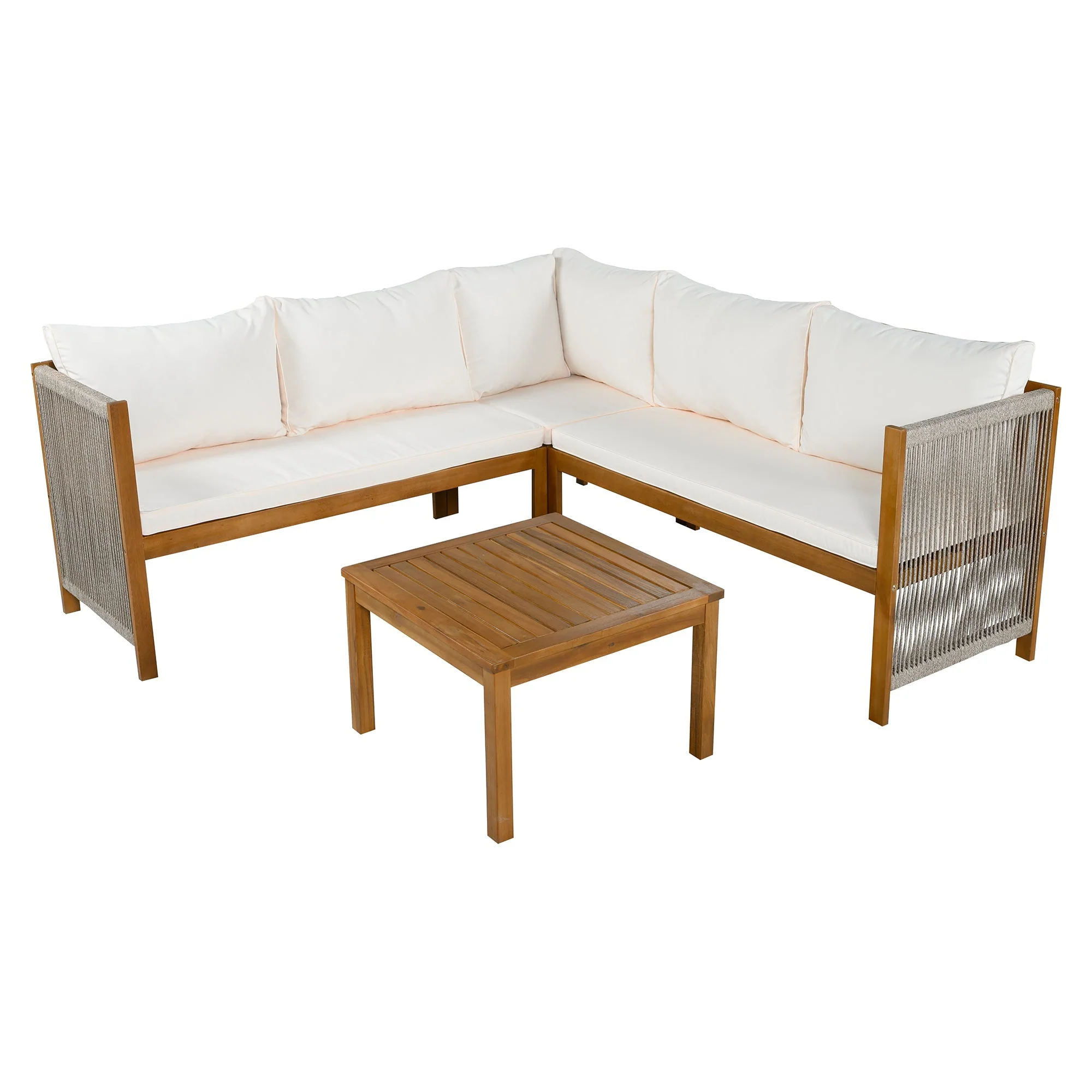 Garden Furniture Set with Corner Sofa, Coffee Table and Woven Rope Craftsmanship, Beige Acacia Wood - Image 8